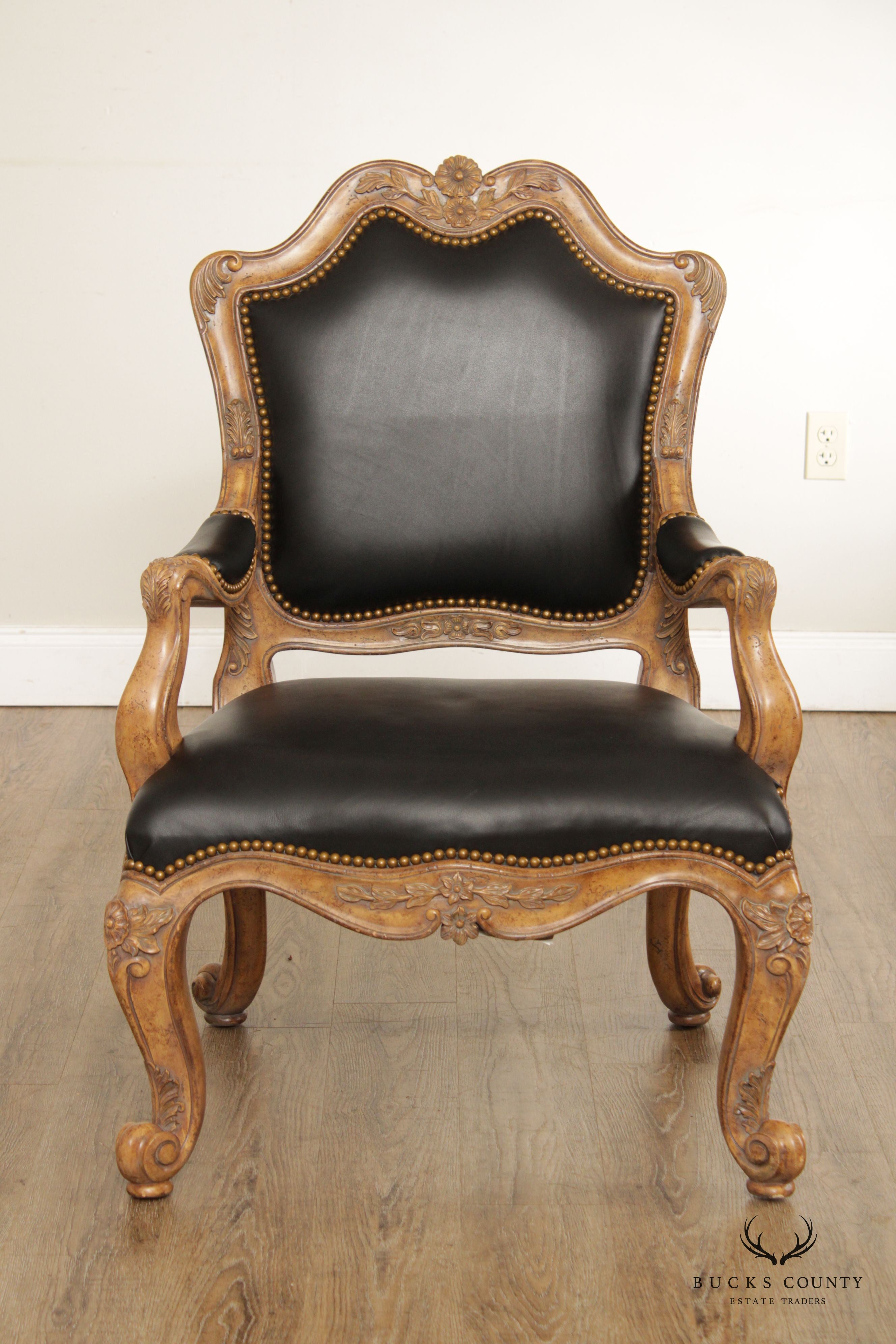 Maitland Smith Louis XV Style Carved Wood and Black Leather Armchair