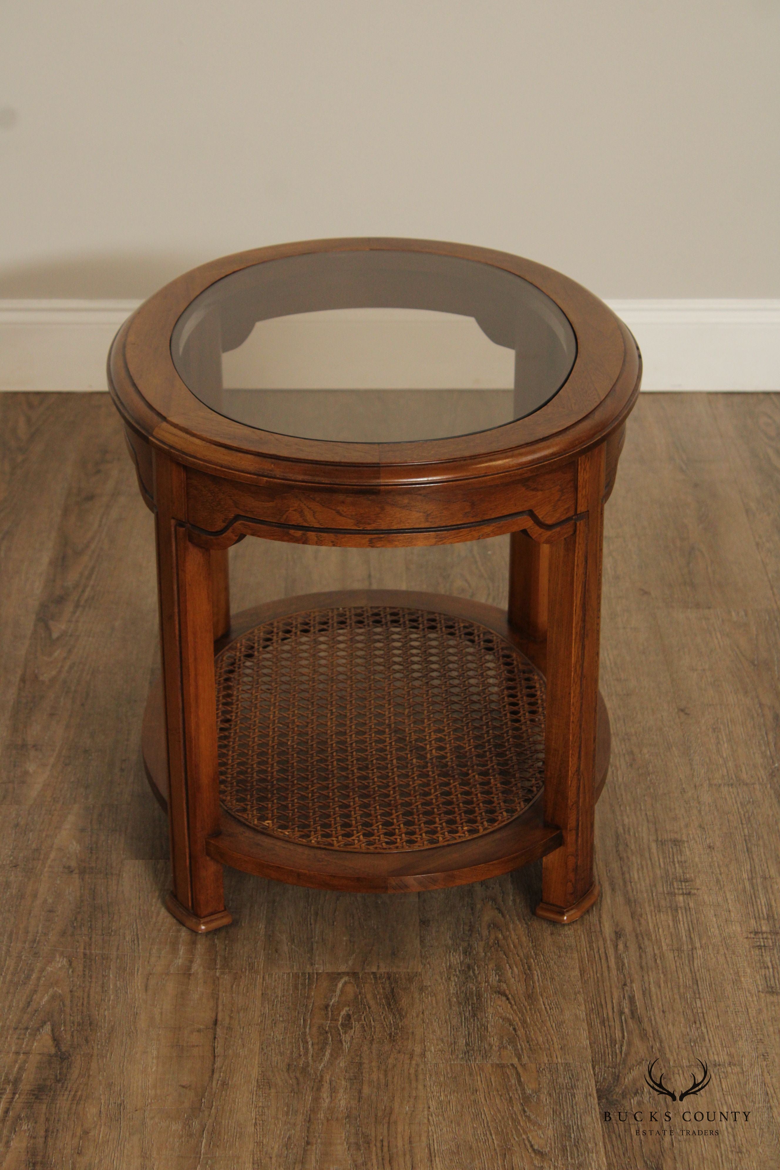 Asian Inspired Vintage Oval Two-Tier Glass Top End Table