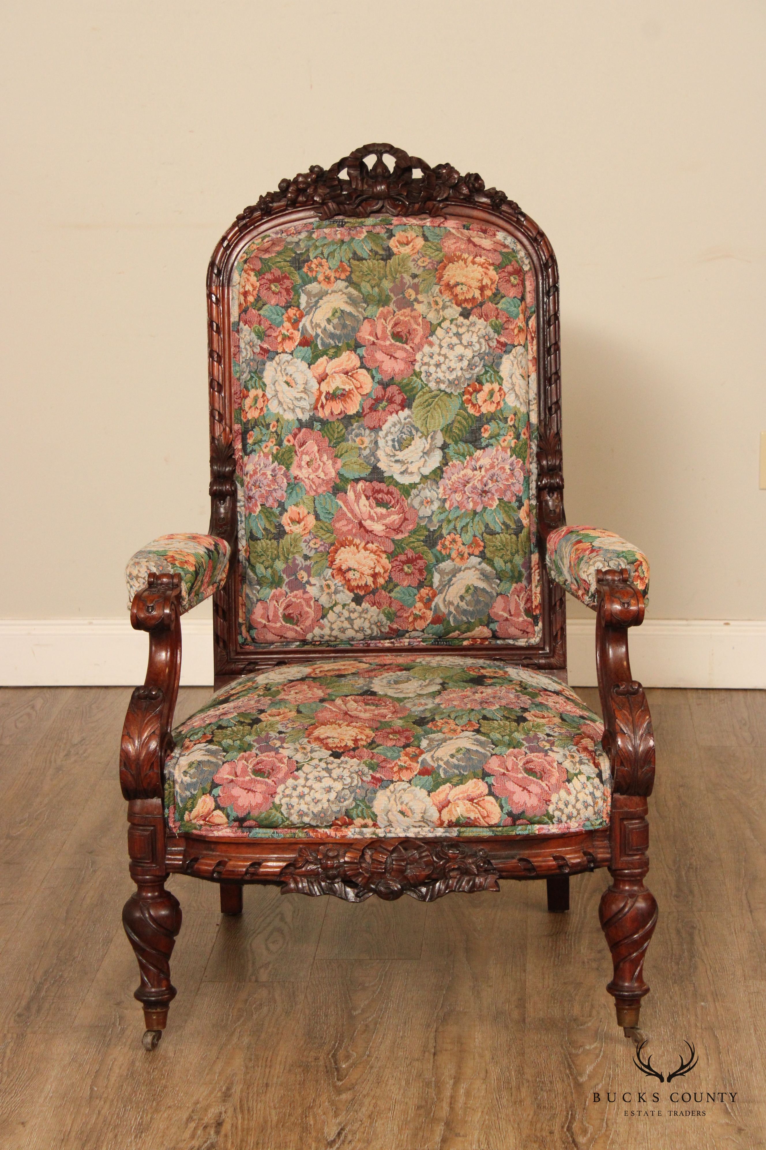 Antique Renaissance Revival Rosewood Carved Library Armchair