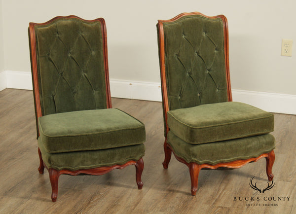 French Louis XV Style Vintage Pair Tufted Slipper Chairs