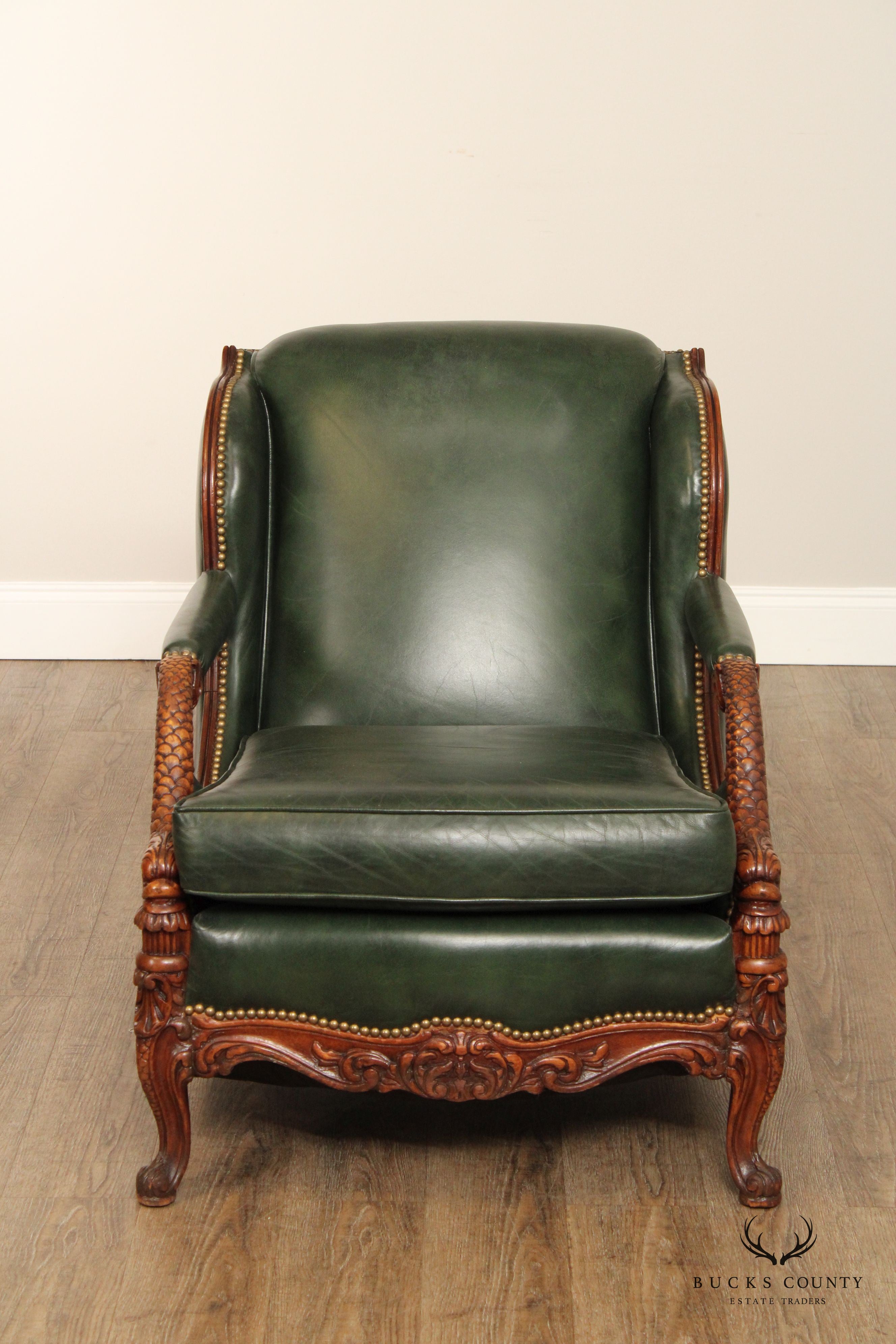 1930's French Regency Style Carved Mahogany and Leather Lounge Chair