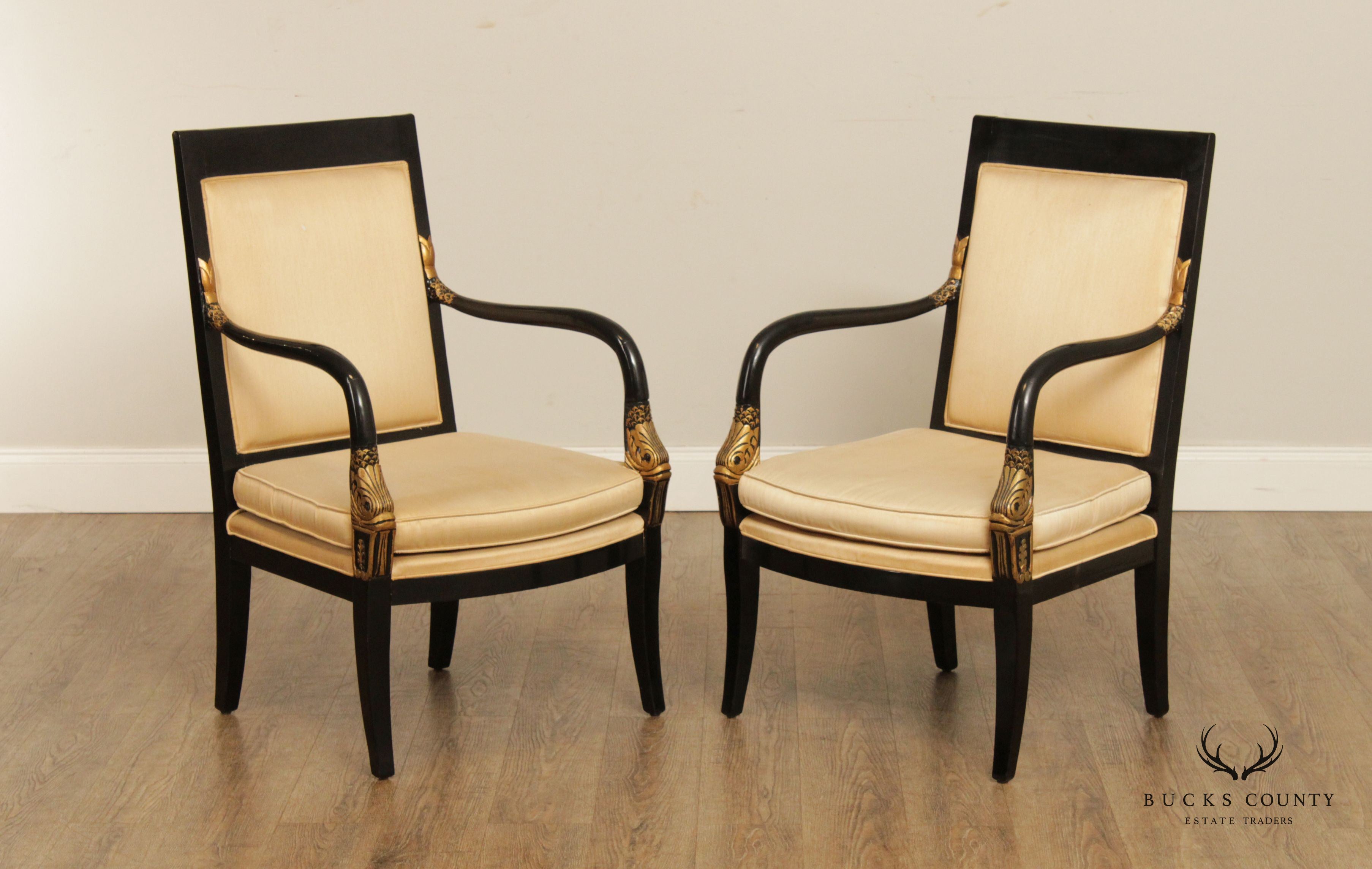 French Empire Style Pair of Ebonized Partial Gilt Dolphin Carved Armchairs