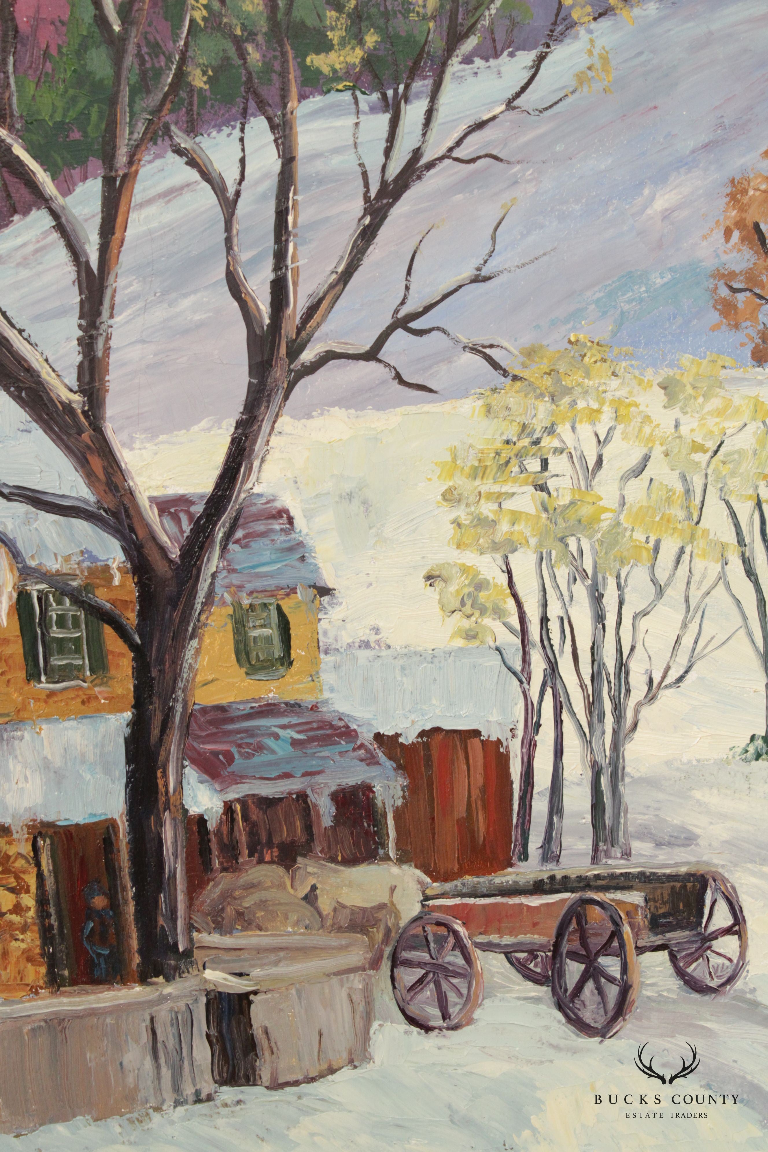 Ann Yost Whitesell 'Old Wagon' Winter Town Landscape Original Oil Painting