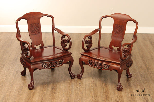 Chinese Pair of Carved Mahogany Throne Armchairs