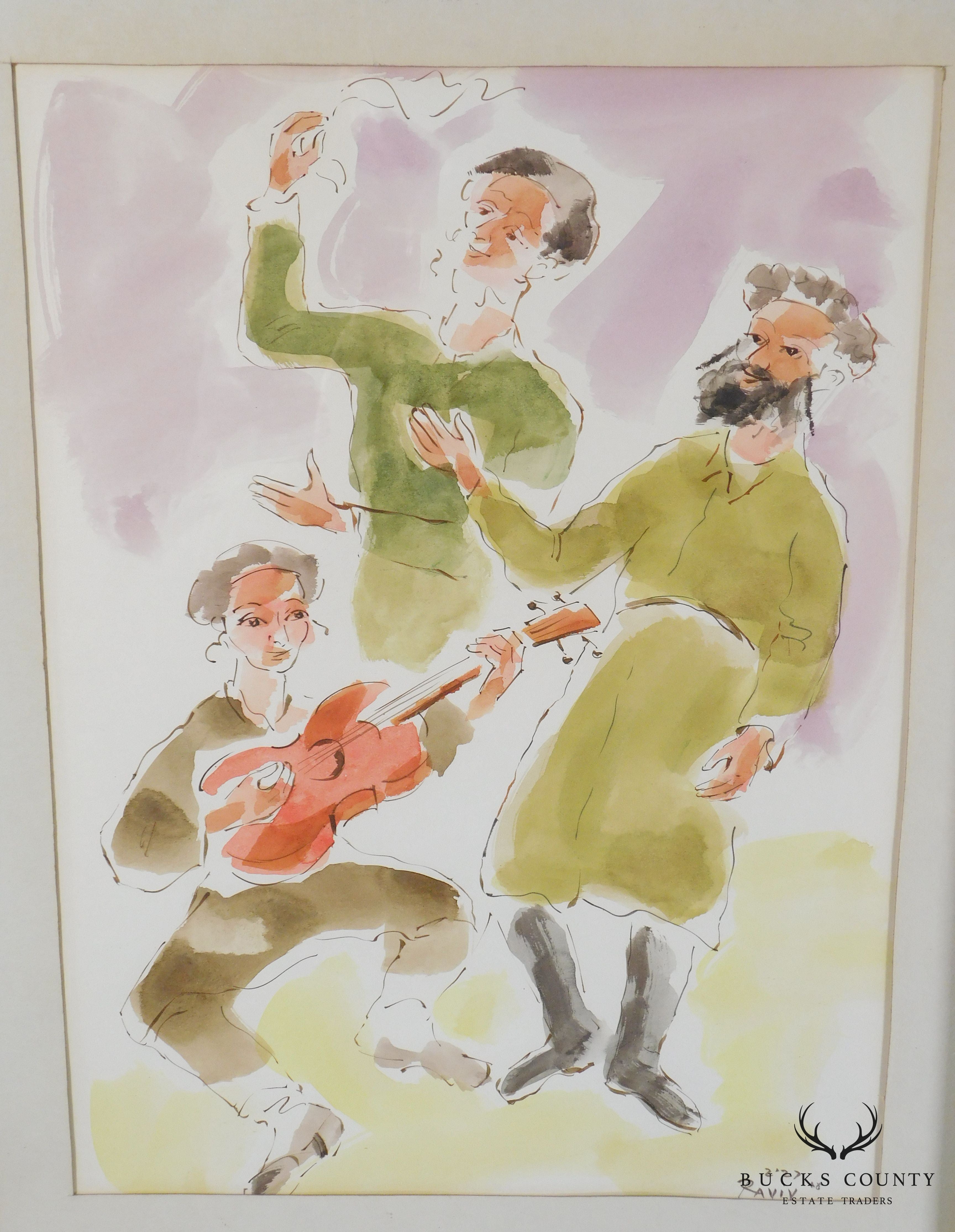 Moshe Raviv "Dancing Hasidim" Original Watercolor on Paper Signed