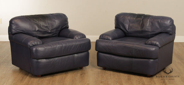 Henredon Upholstery Collection Vintage Pair of Blue Leather Lounge Chairs