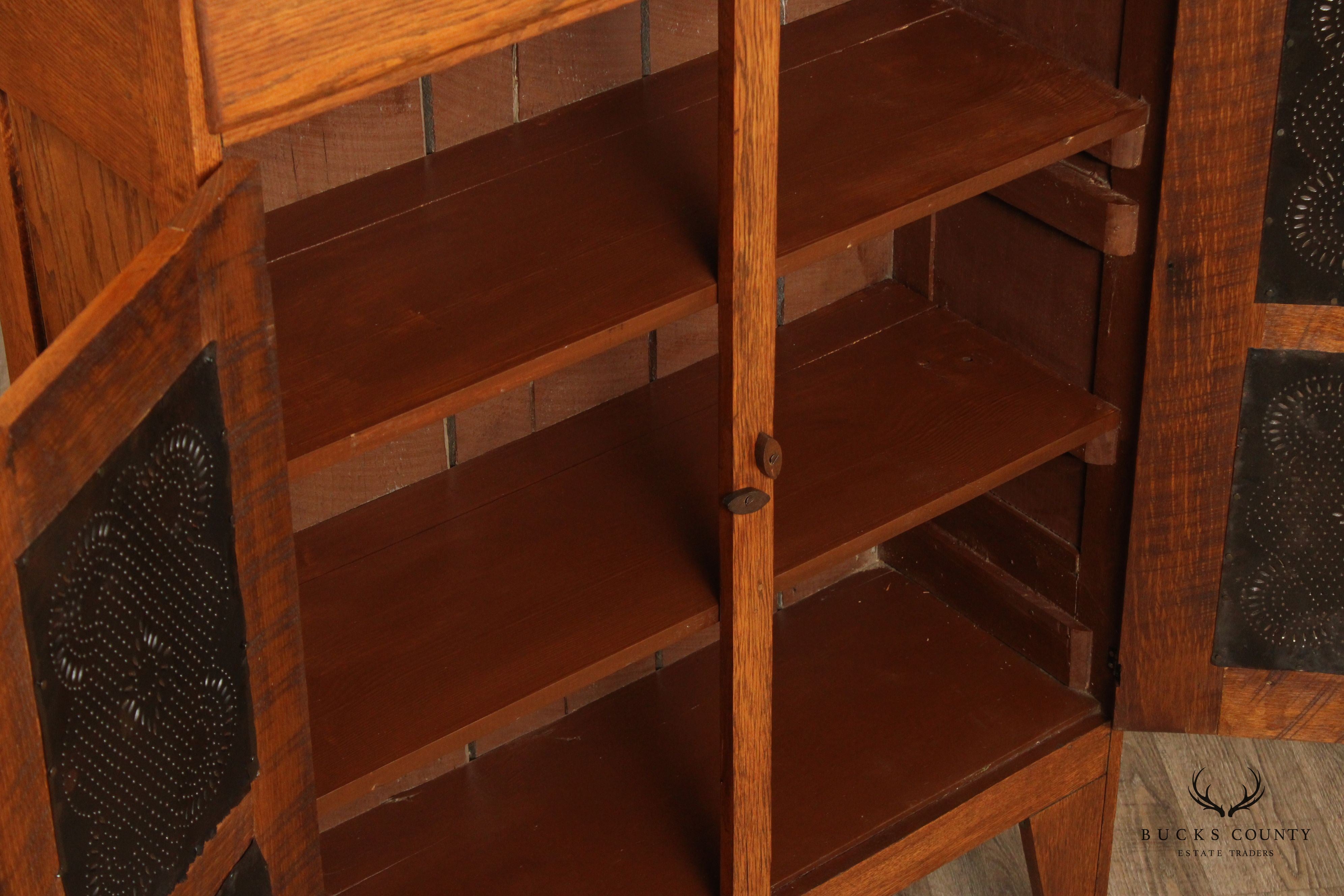 Antique American Oak and Punched Tin Pie Safe Cabinet