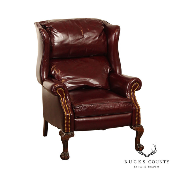 Lane Action Chippendale Style Oxblood Leather Reclining Wing Armchair