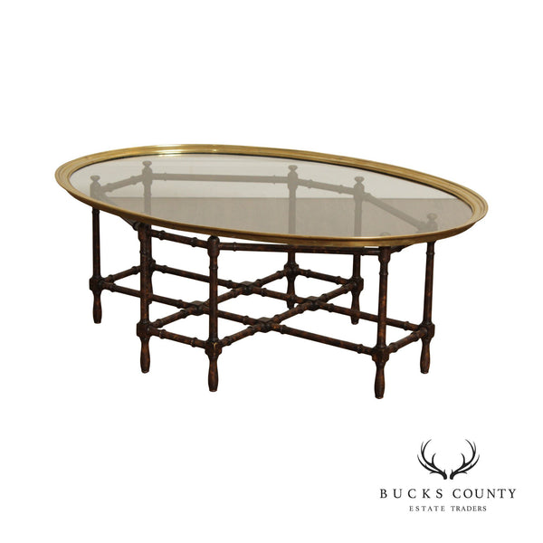 BAKER FURNITURE BRASS AND OVAL GLASS FAUX BAMBOO HOLLYWOOD REGENCY COCKTAIL TABLE