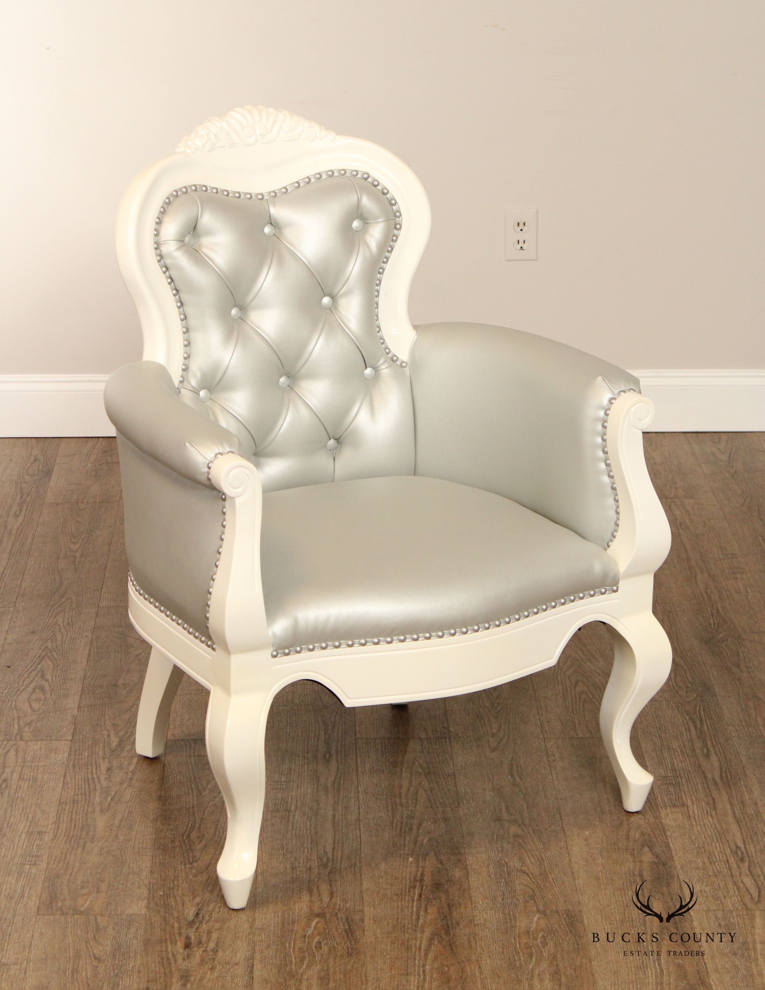 French Rococo Style White Lacquered Tufted Armchair