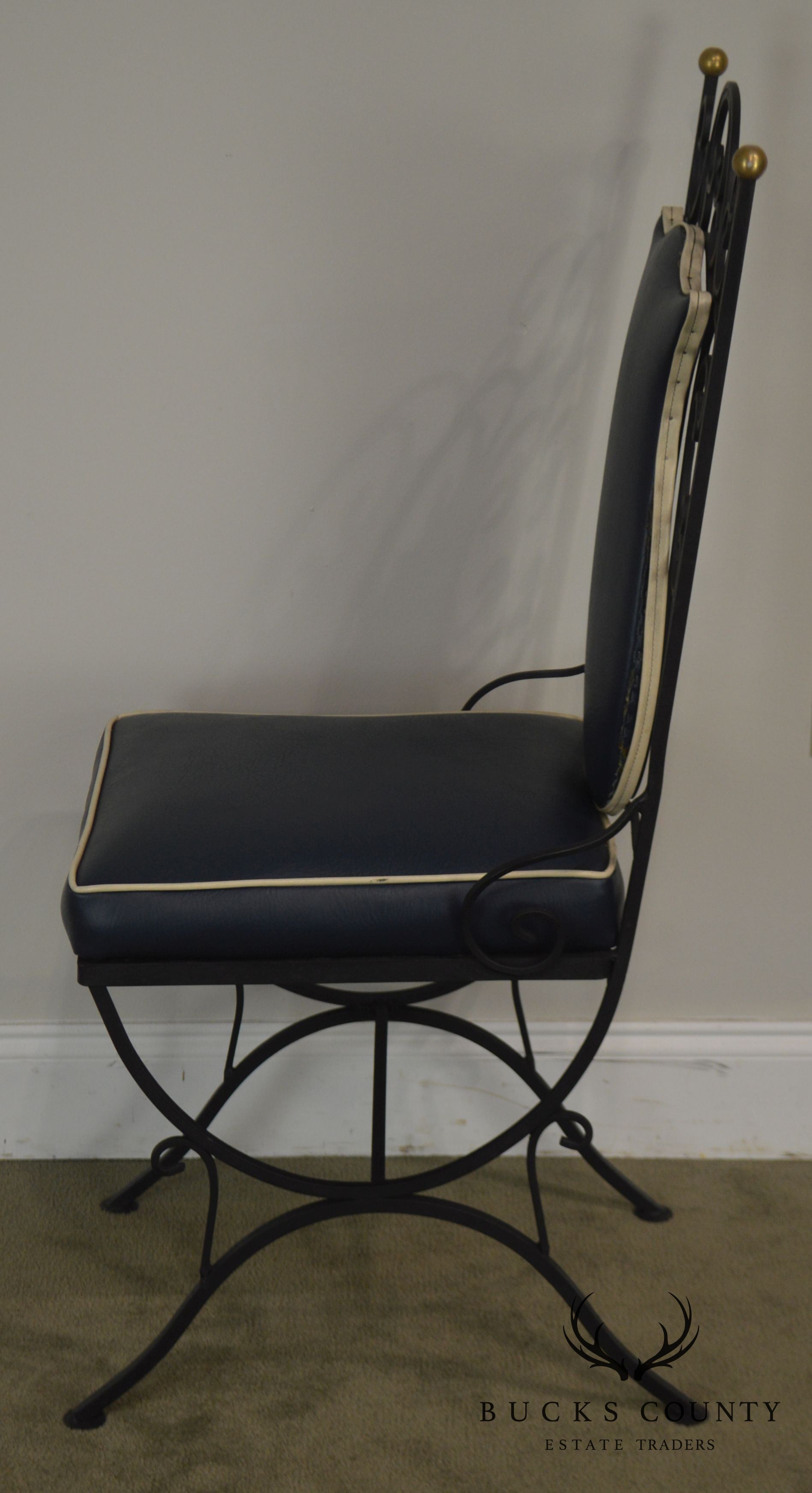 1950's Vintage Scrolled Wrought Iron & Vinyl Pair Side Chairs