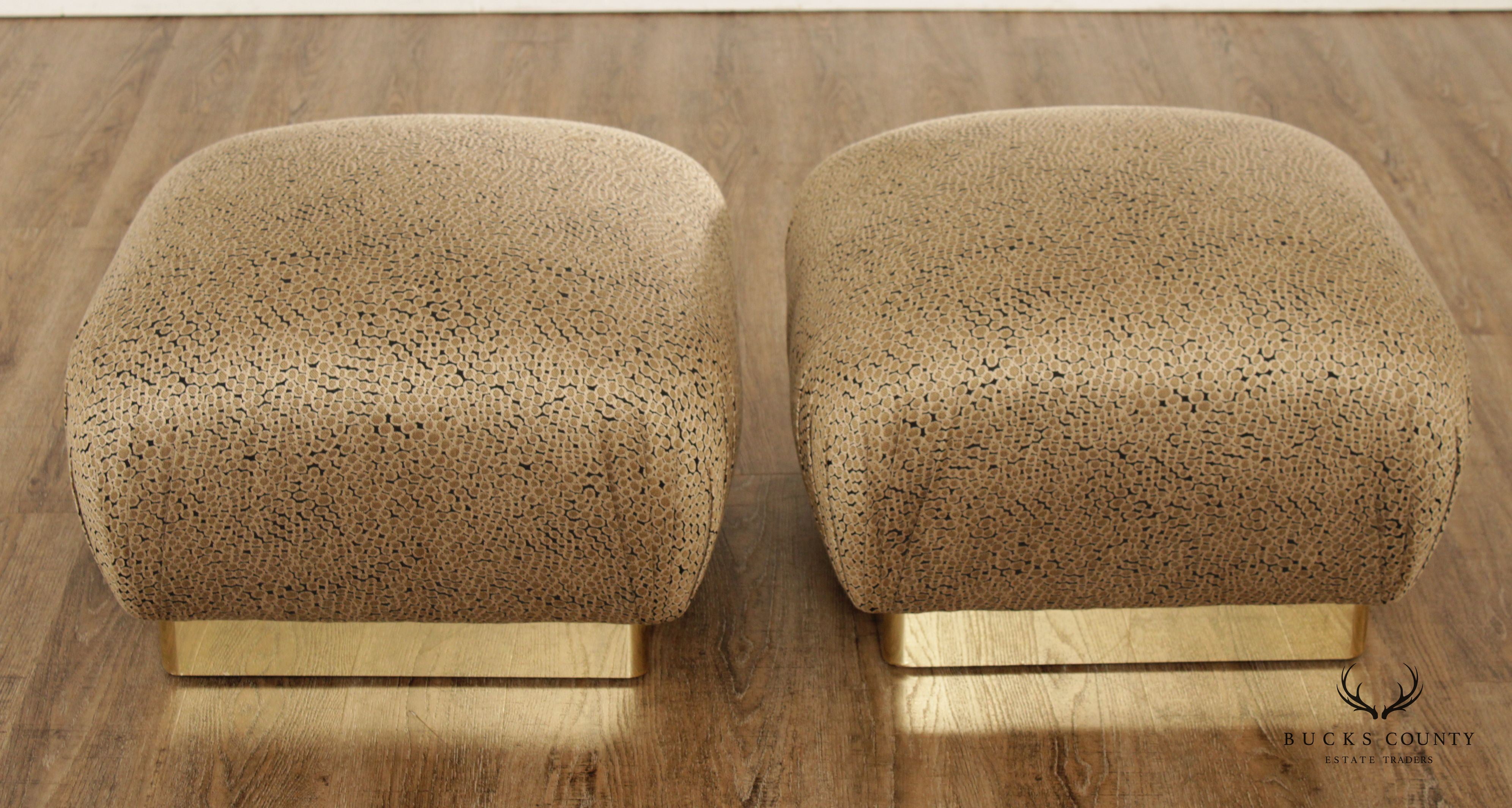 Hollywood Regency Pair Custom Upholstered Brass Ottomans