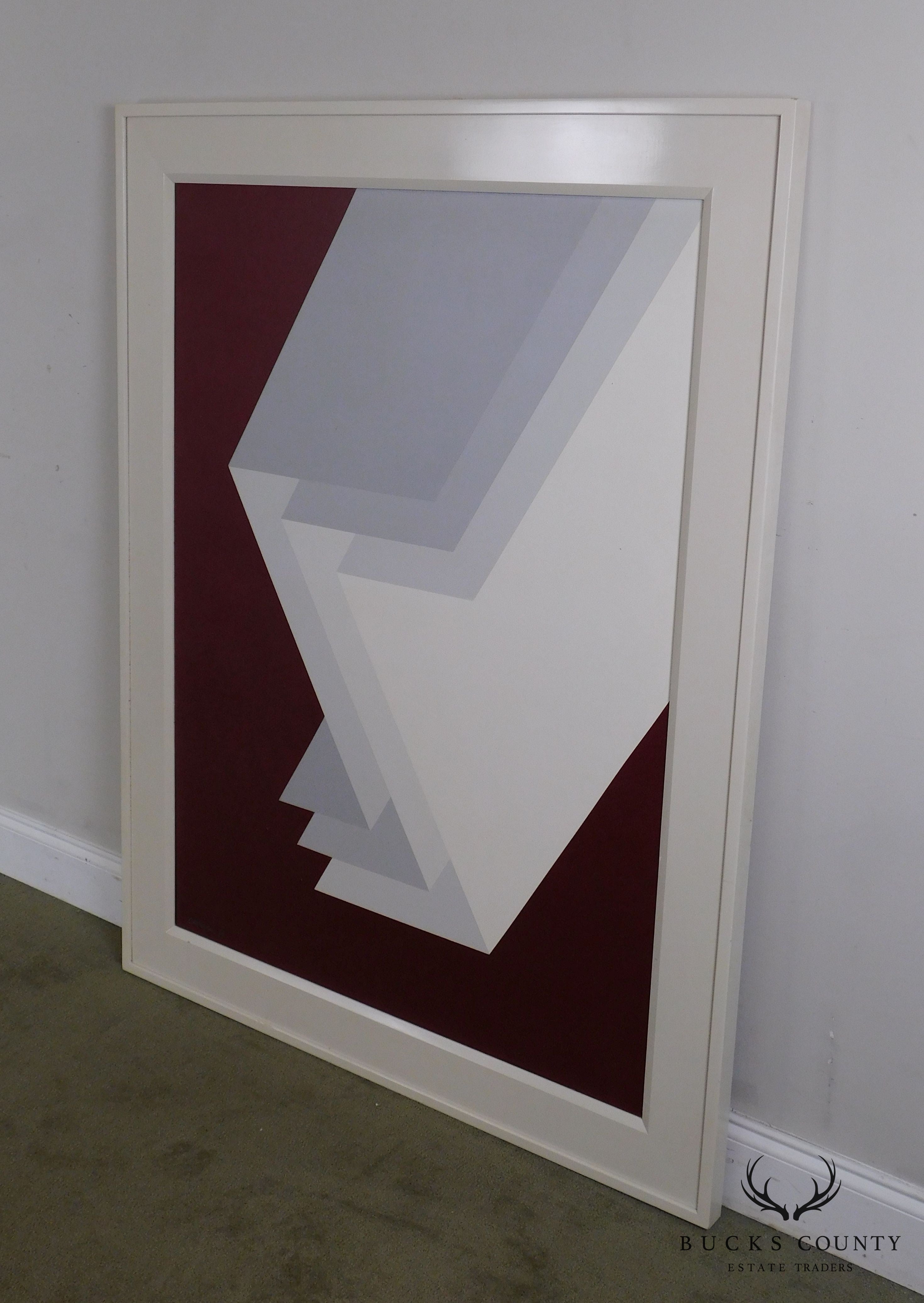 Giordano Op Art Geometric Painting White Z Form Planes on Dark Red Background