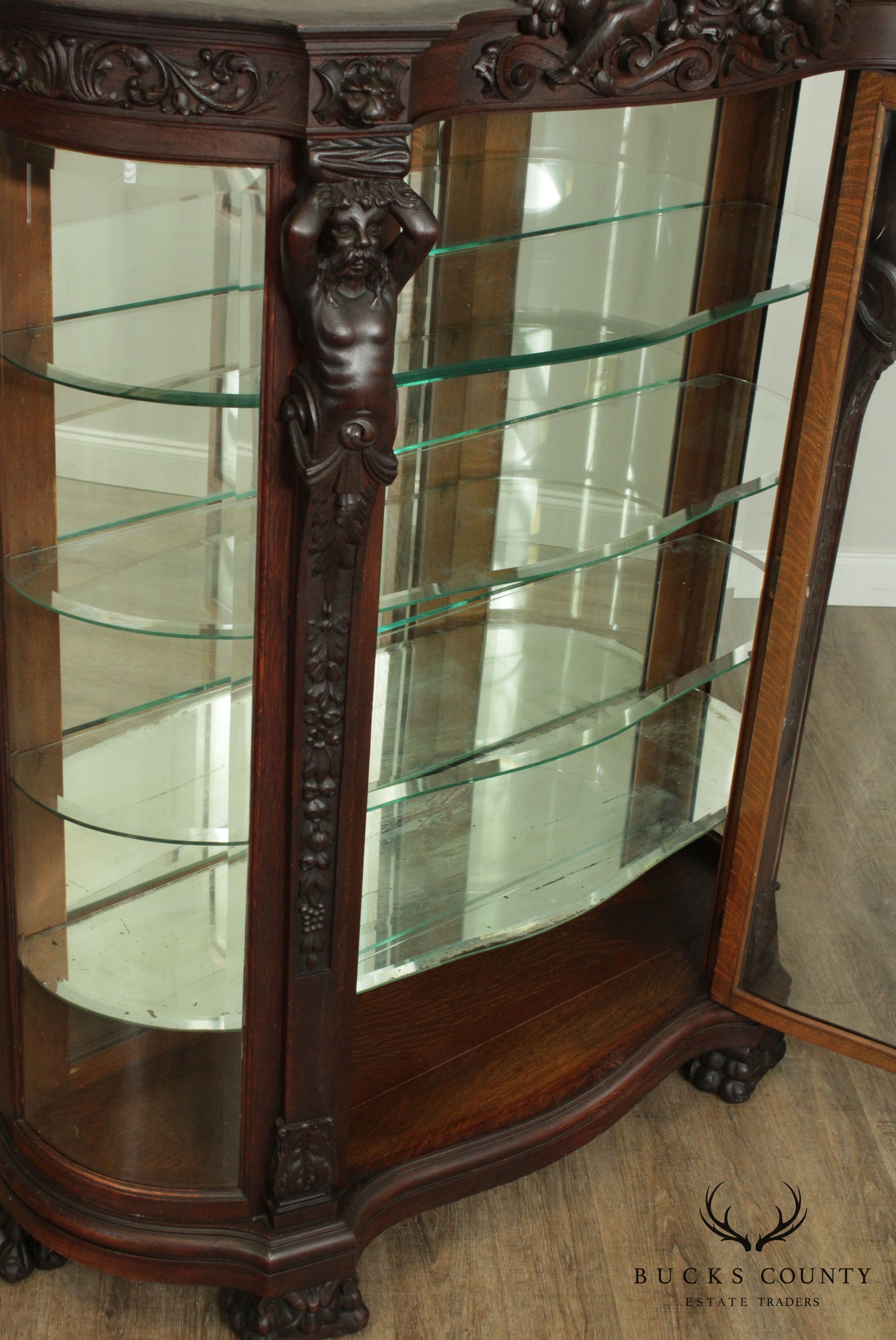 Horner Antique Oak Figural Carved Beveled Glass China Cabinet