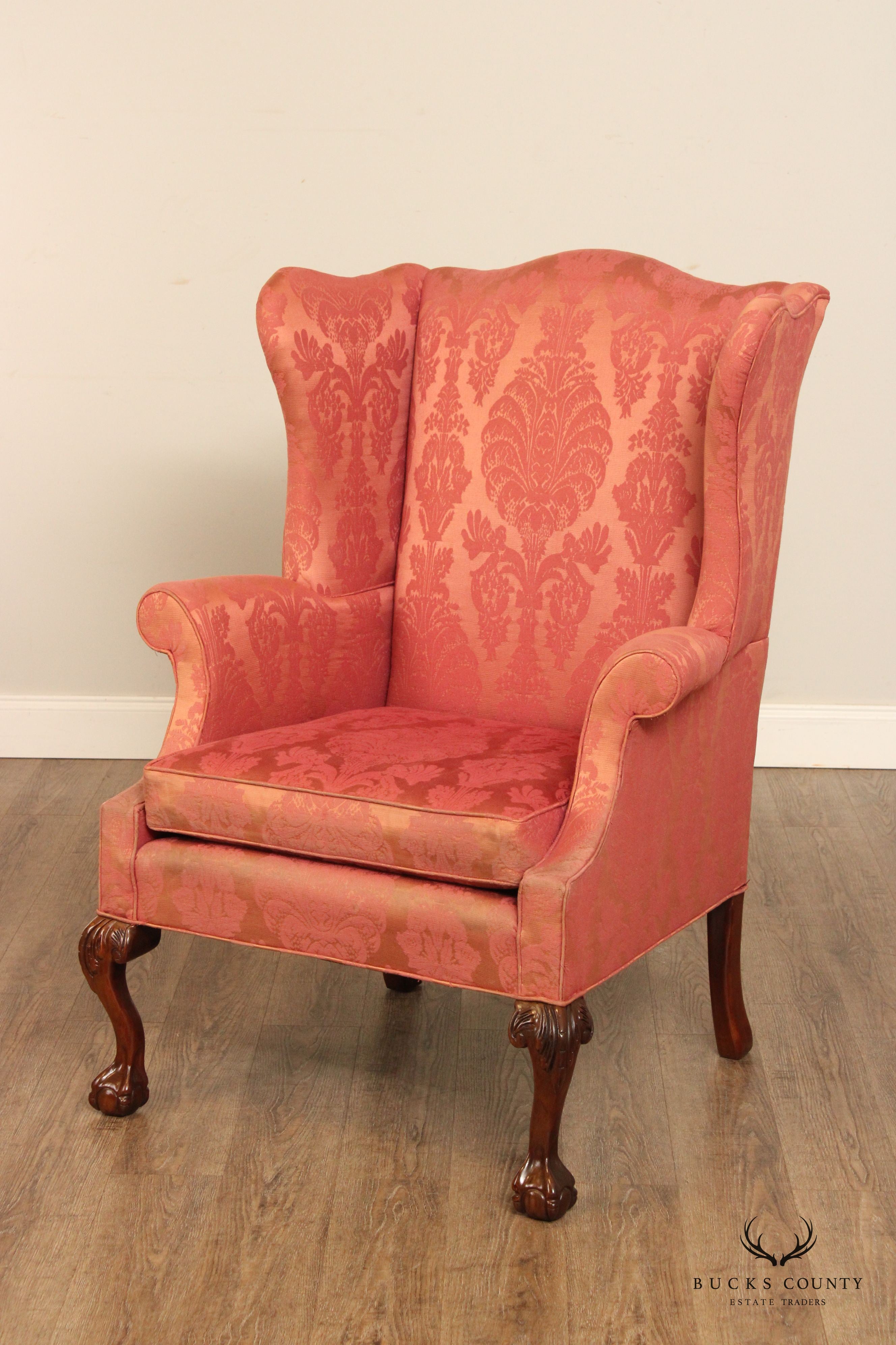 Chippendale Style Custom Upholstered Wing Armchair