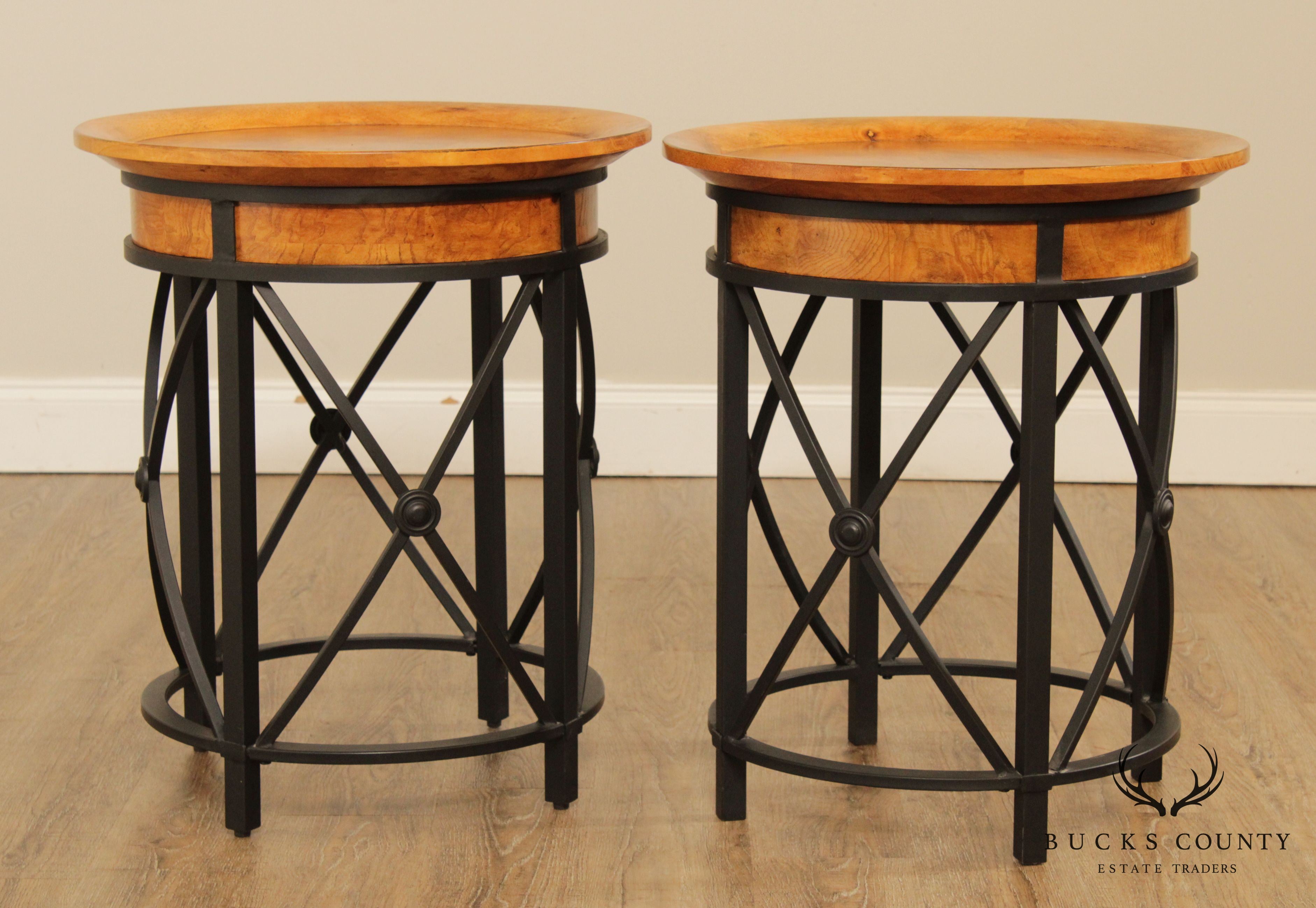 Round Iron and Burled Wood Pair Side Tables