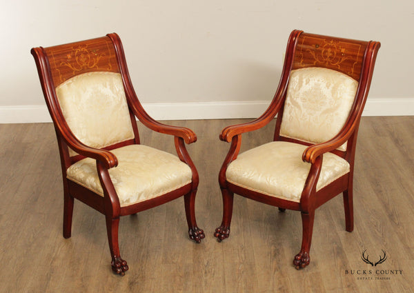 Antique Victorian Mahogany Marquetry Inlaid Pair of Armchairs