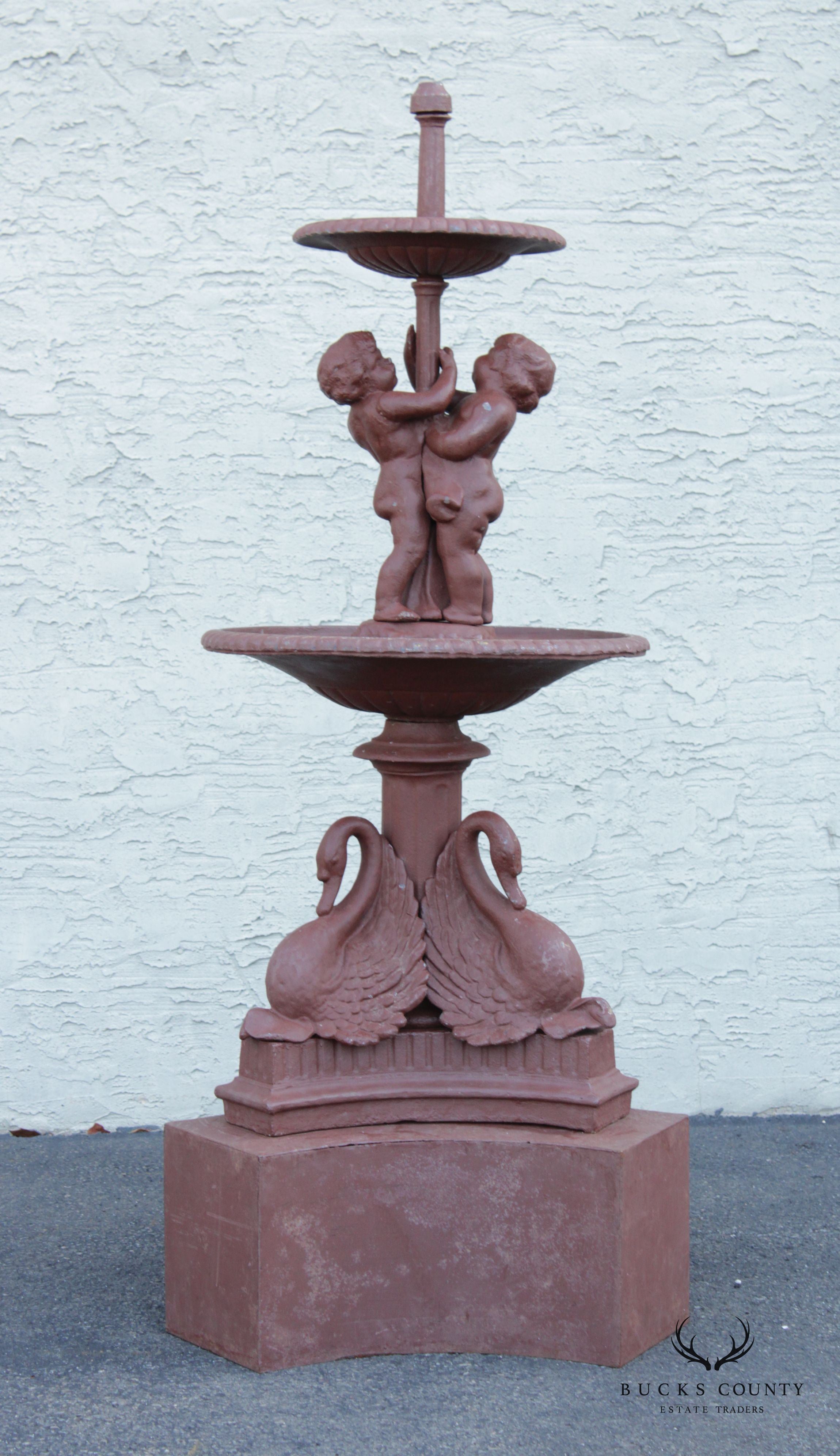 Antique Neoclassical Style Cast Iron Garden Fountain with Cherubs and Swans