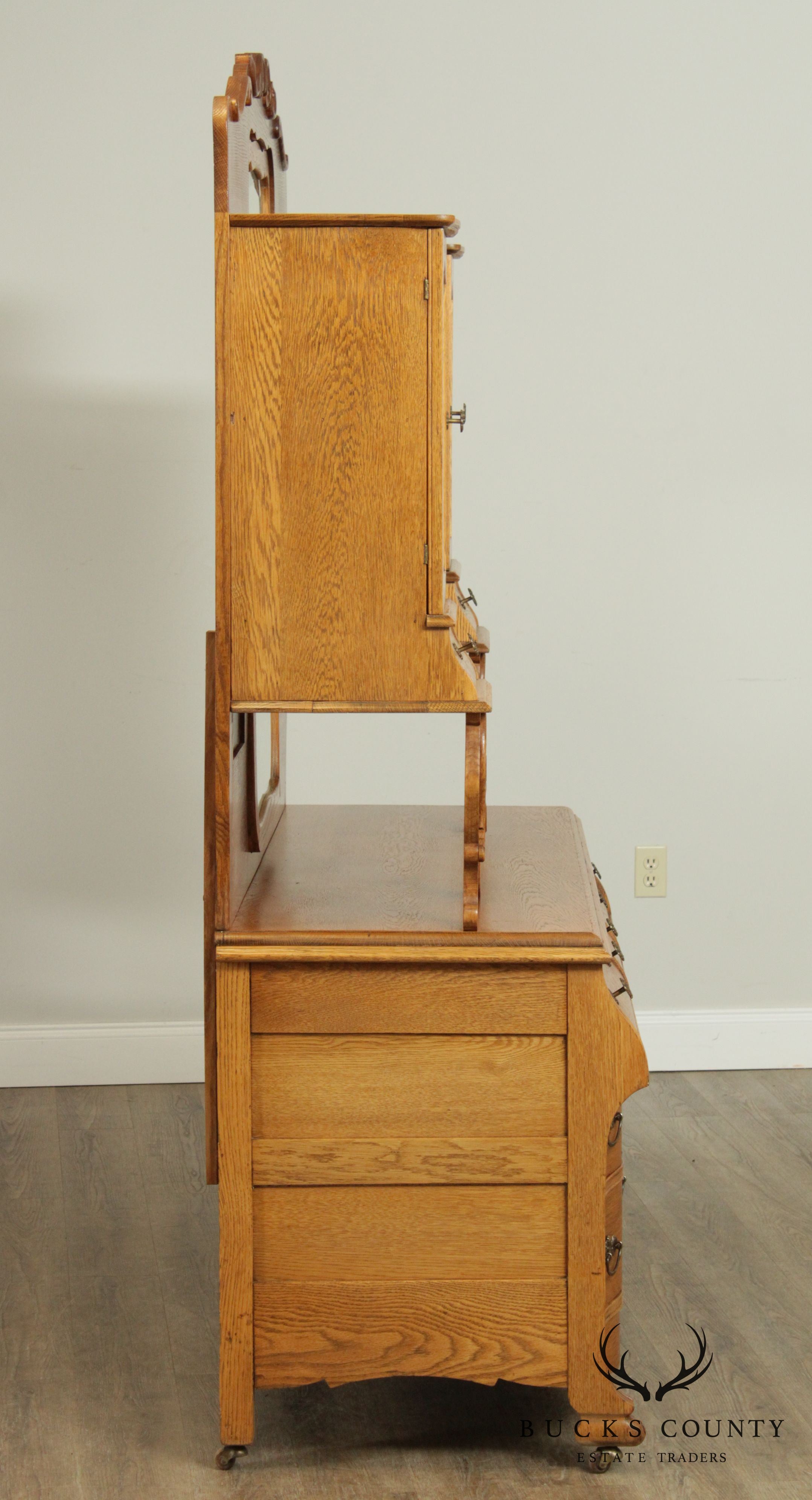 Antique Victorian Oak Unusual Double Dresser, Mirror Back