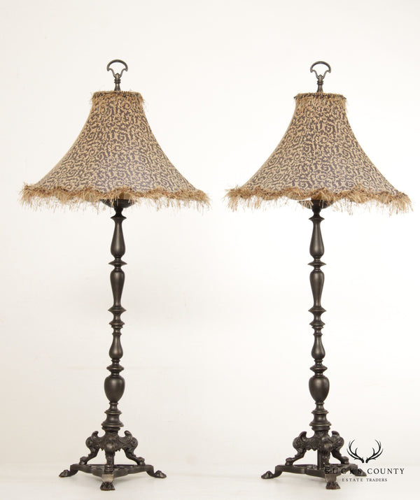 Baroque Style Pair Tall Cast Bronzed Metal Candlestick Lamps with Custom Feather Shades