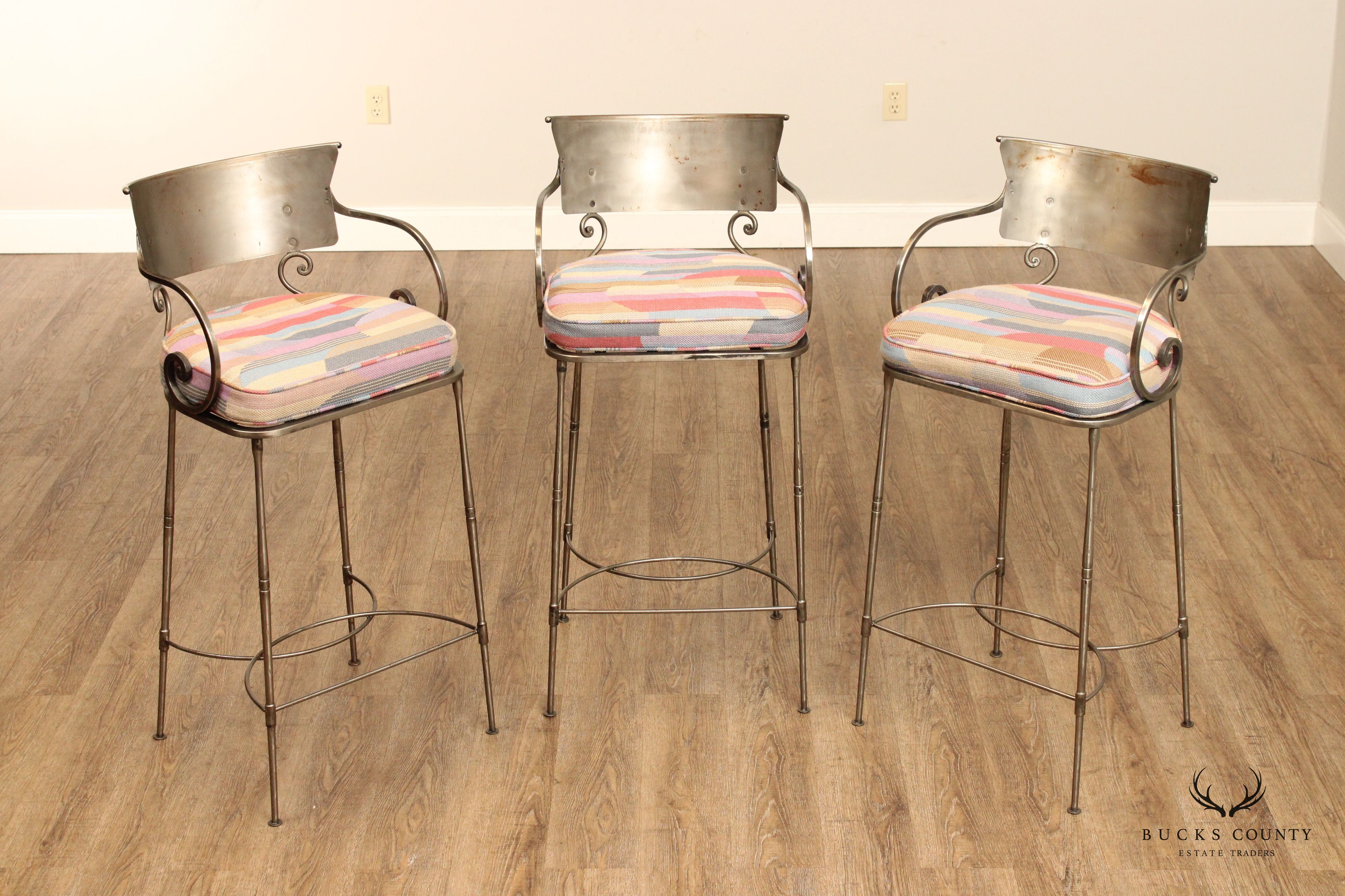 Italian Hollywood Regency Set of Three Steel Bar Stools