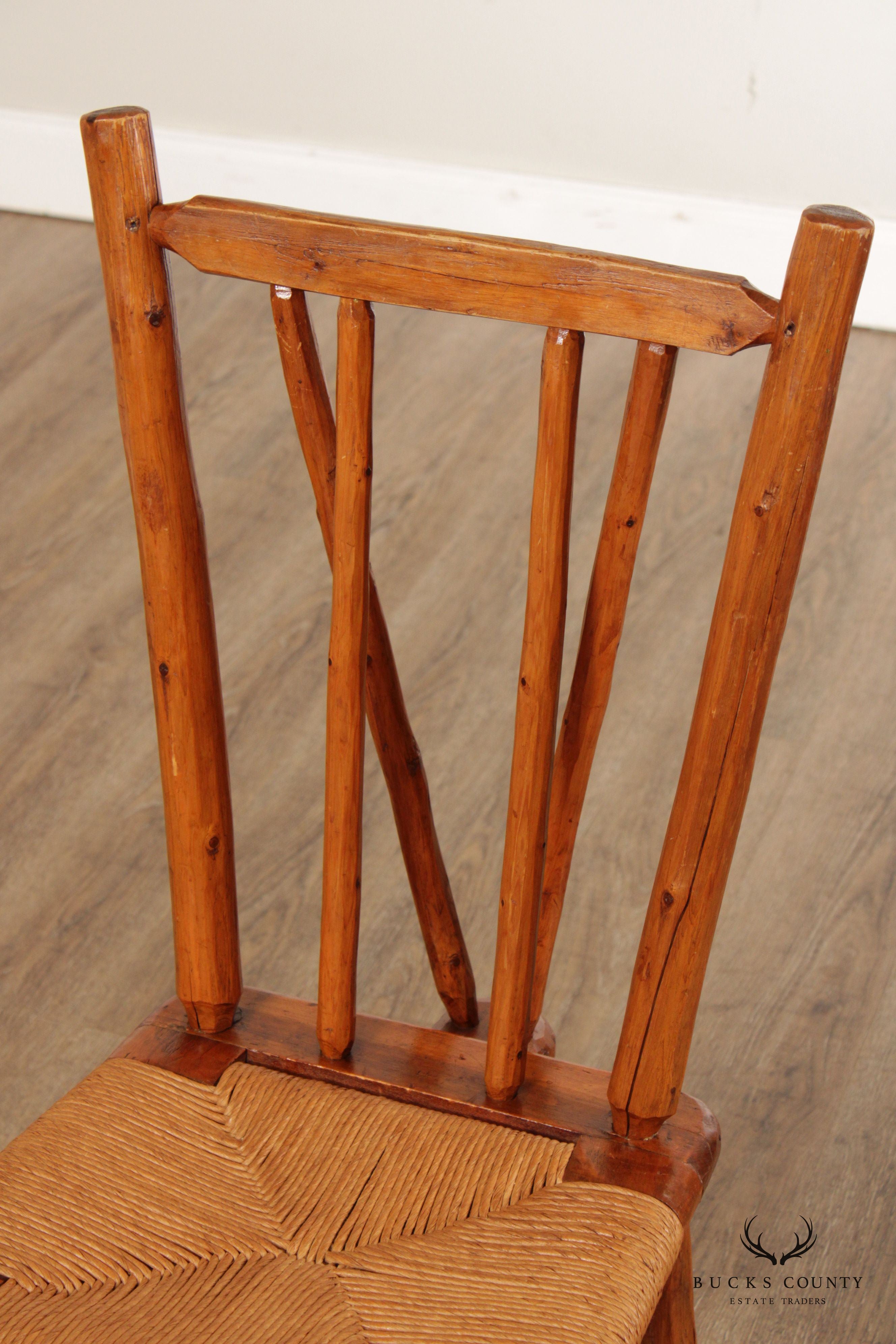 Vintage Rustic Pine Wood and Rush Seat Side Chairs