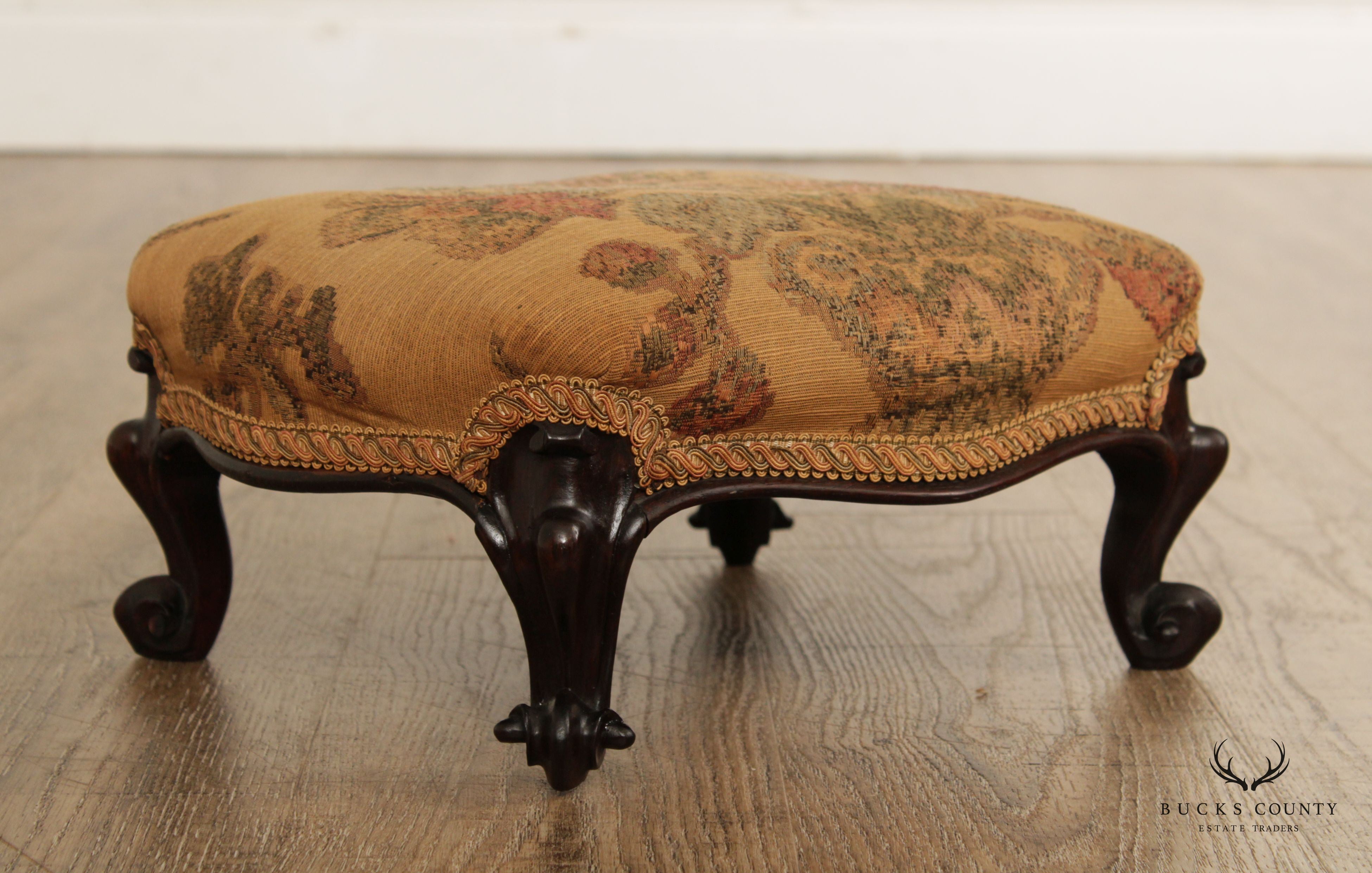 Antique Victorian Carved Rosewood Pair Custom Upholstered Footstools