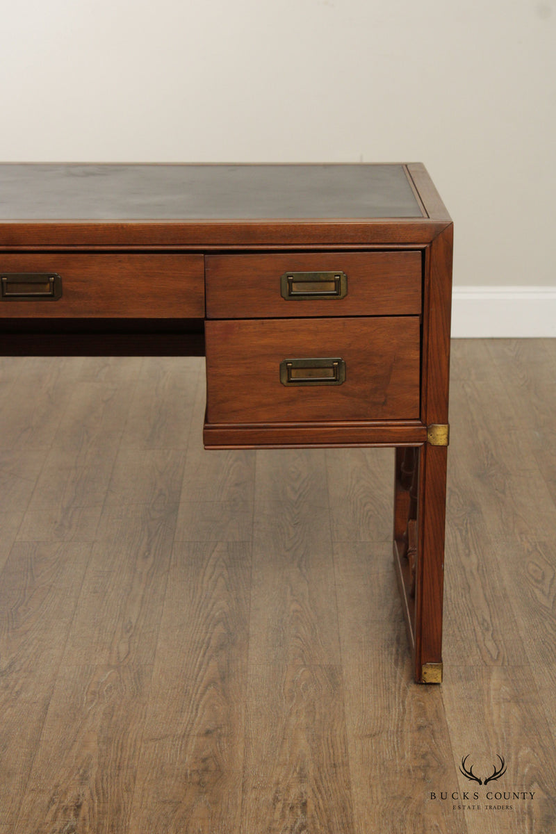 Sligh Campaigh Style Faux Bamboo Walnut Leather Top Writing Desk