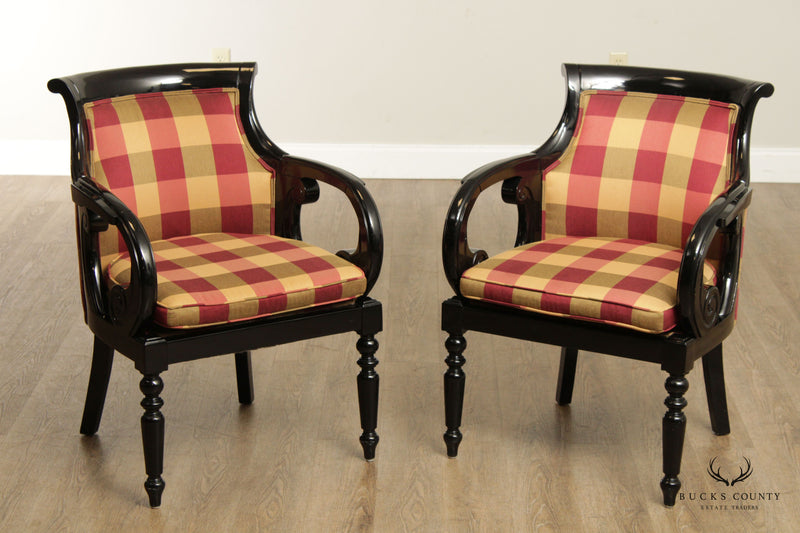 Empire Style Pair Custom Upholstered Black Lacquer Armchairs