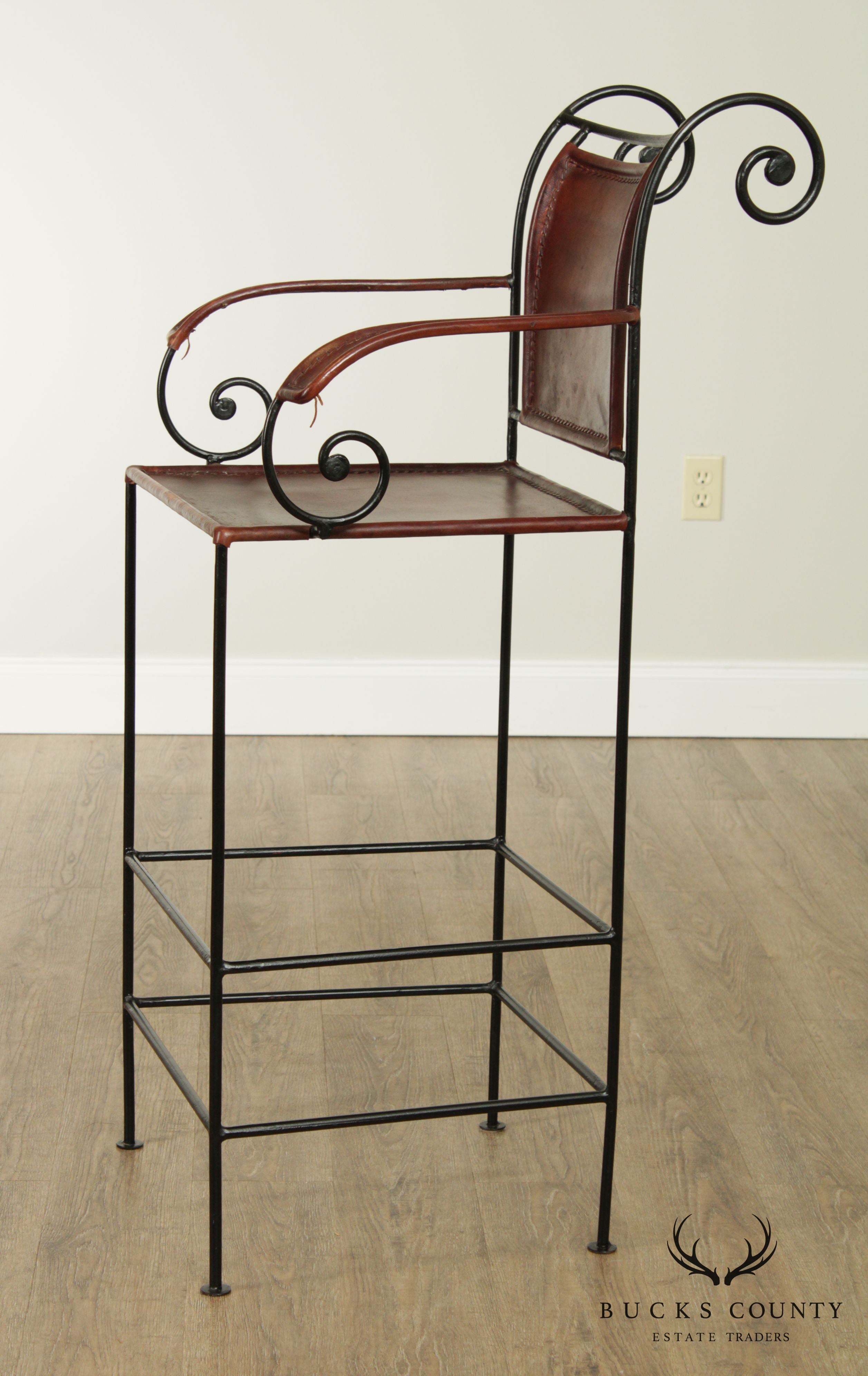 William Sheppee Scollwork Iron and Leather Barstool