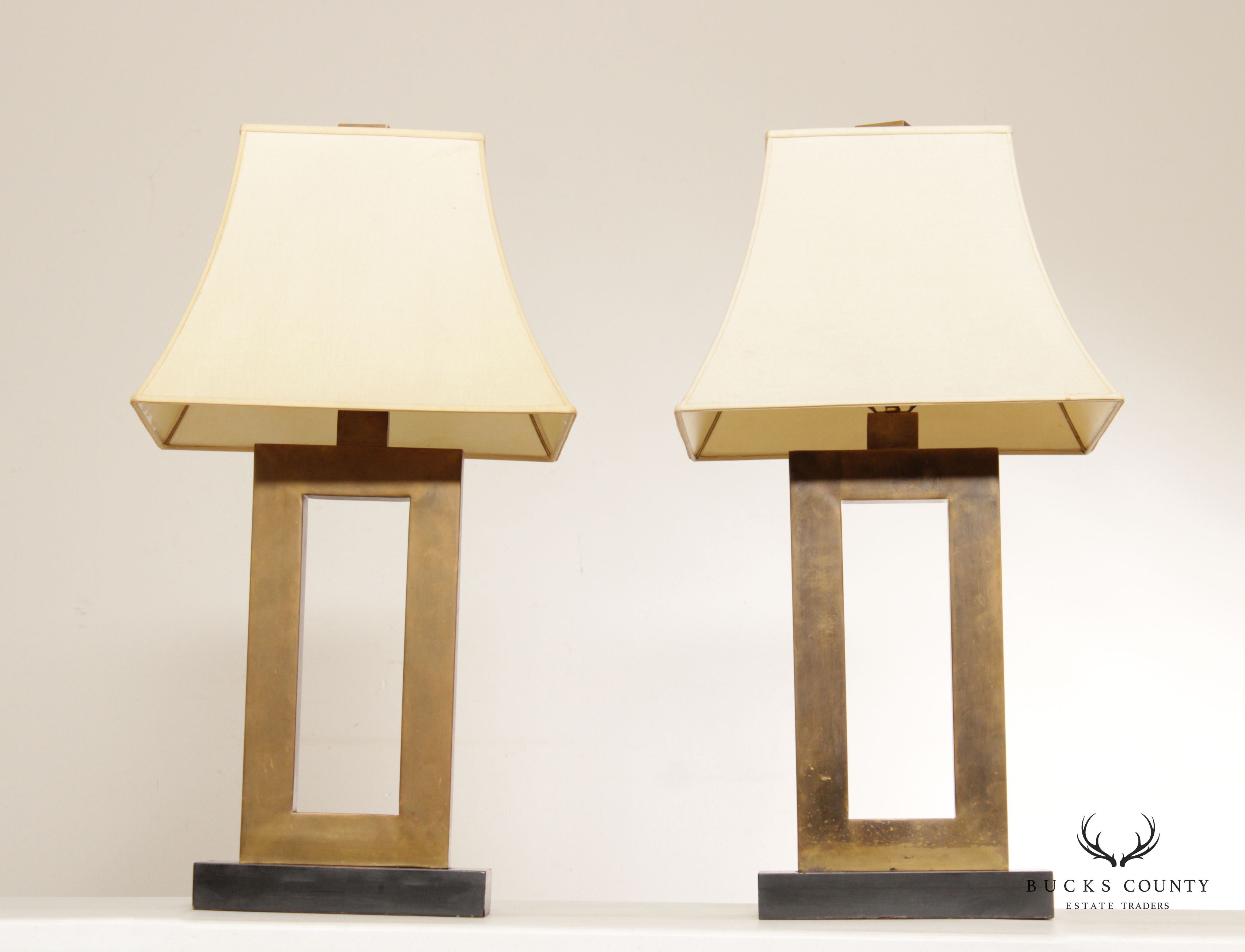 Modern Brass Pair of Rectangular Table Lamps