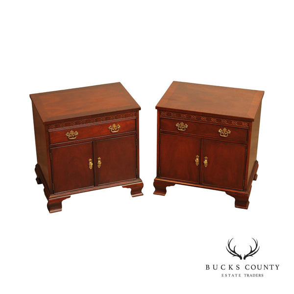 Baker Chippendale Style Pair Mahogany Cabinet Nightstands