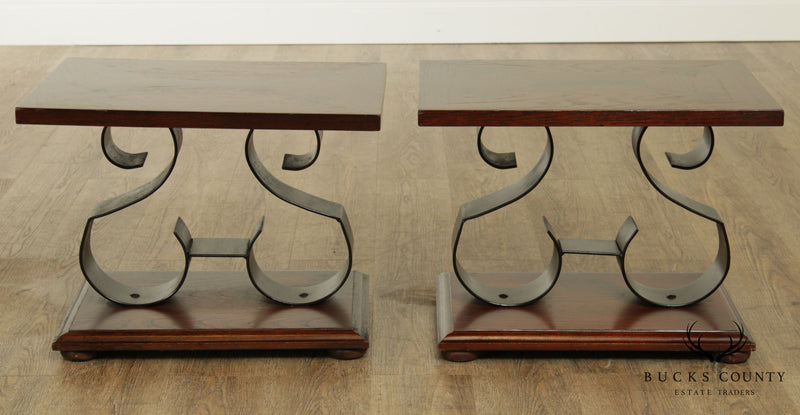 Lane Mid Century Pair Oak and Black Wrought Iron Side Tables - Rosewood Butterfly