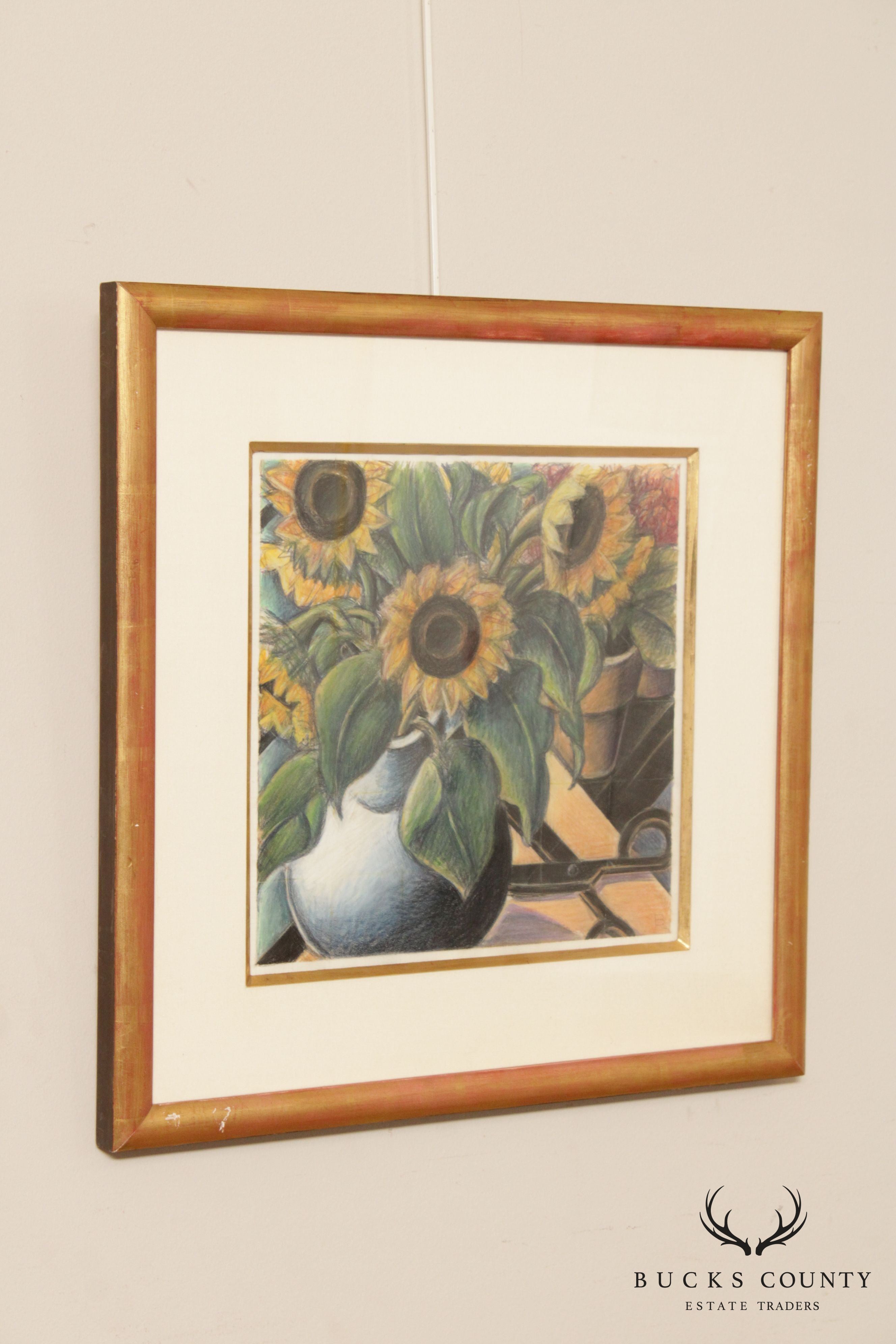 Anne Bascove 'Sunflowers' Colored Pencil Drawing