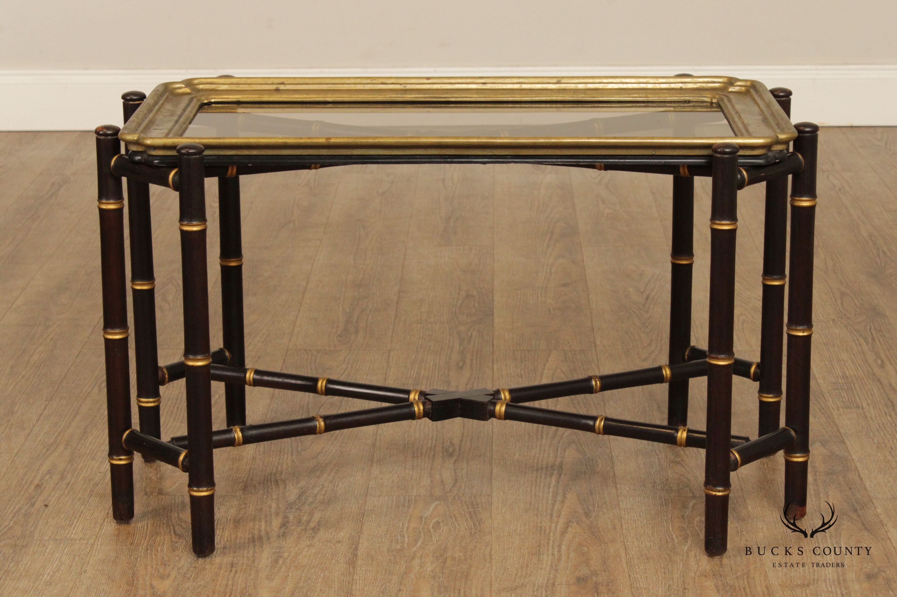 Asian Style Faux Bamboo X-Base Brass Tray Top Coffee Table