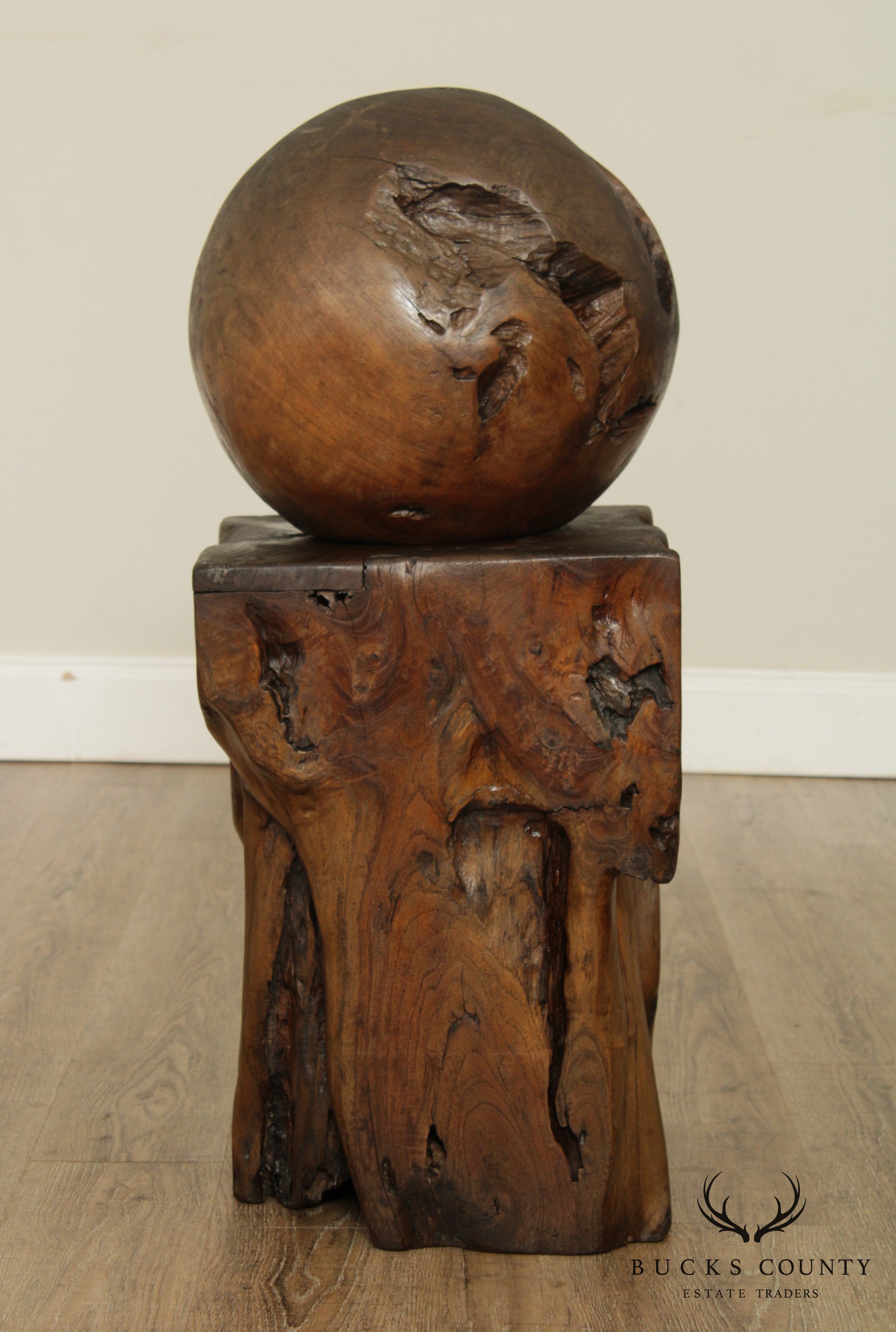 Mid Century Vintage Teak Wood Ball Sculpture on Root Pedestal