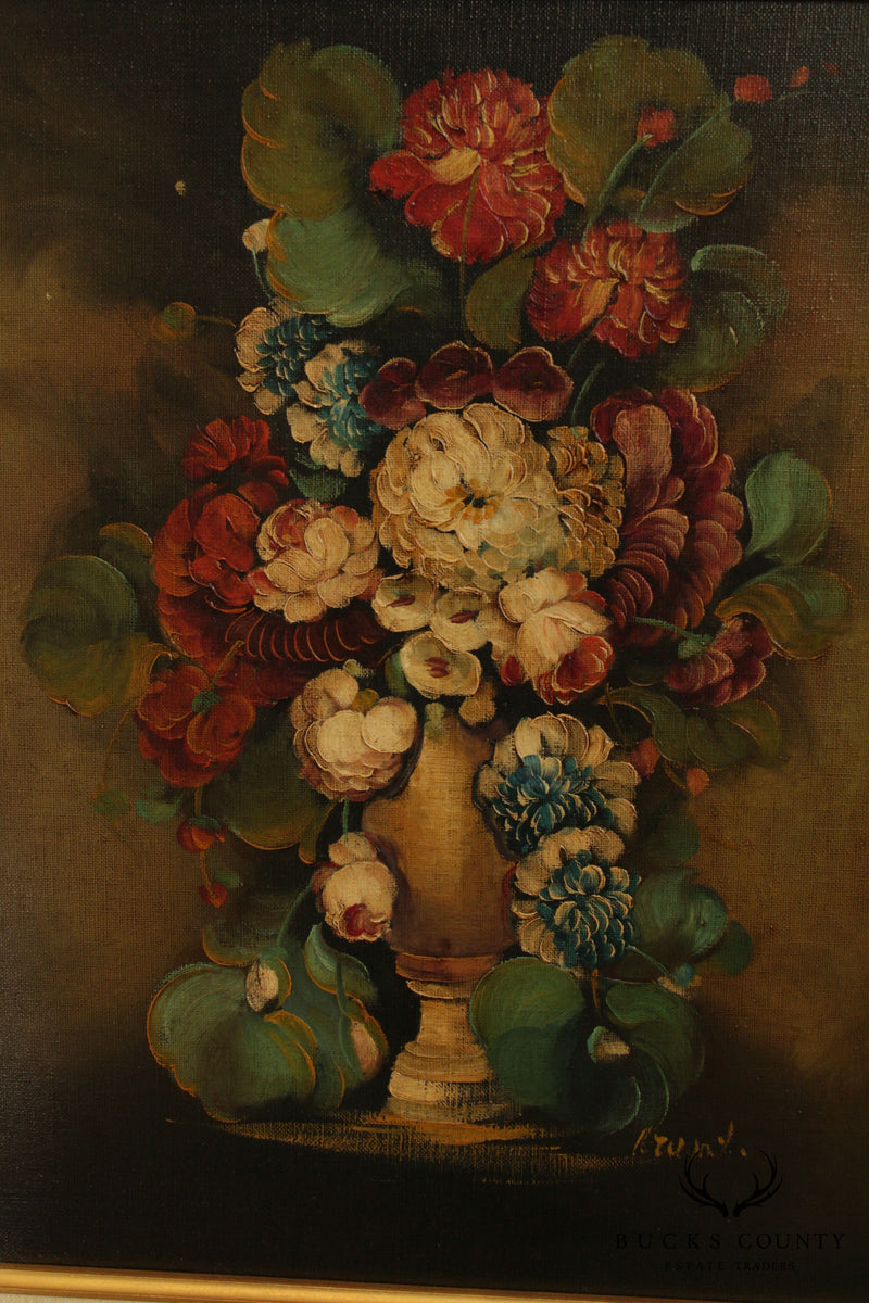 Artist Signed Gilt Frame Oil Painting on Canvas Flowers in Vase