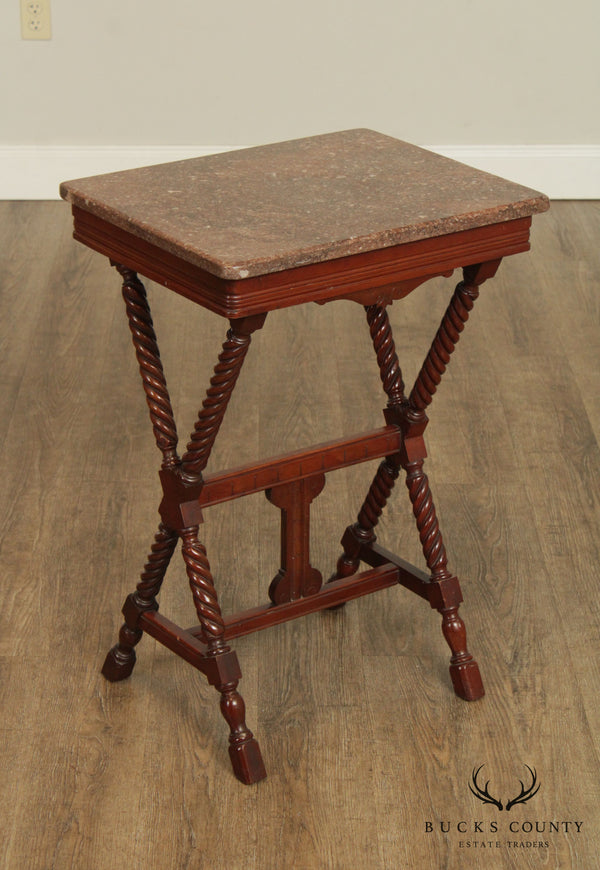 Antique Victorian Mahogany Marble Top Spiral Leg X Base Side Table