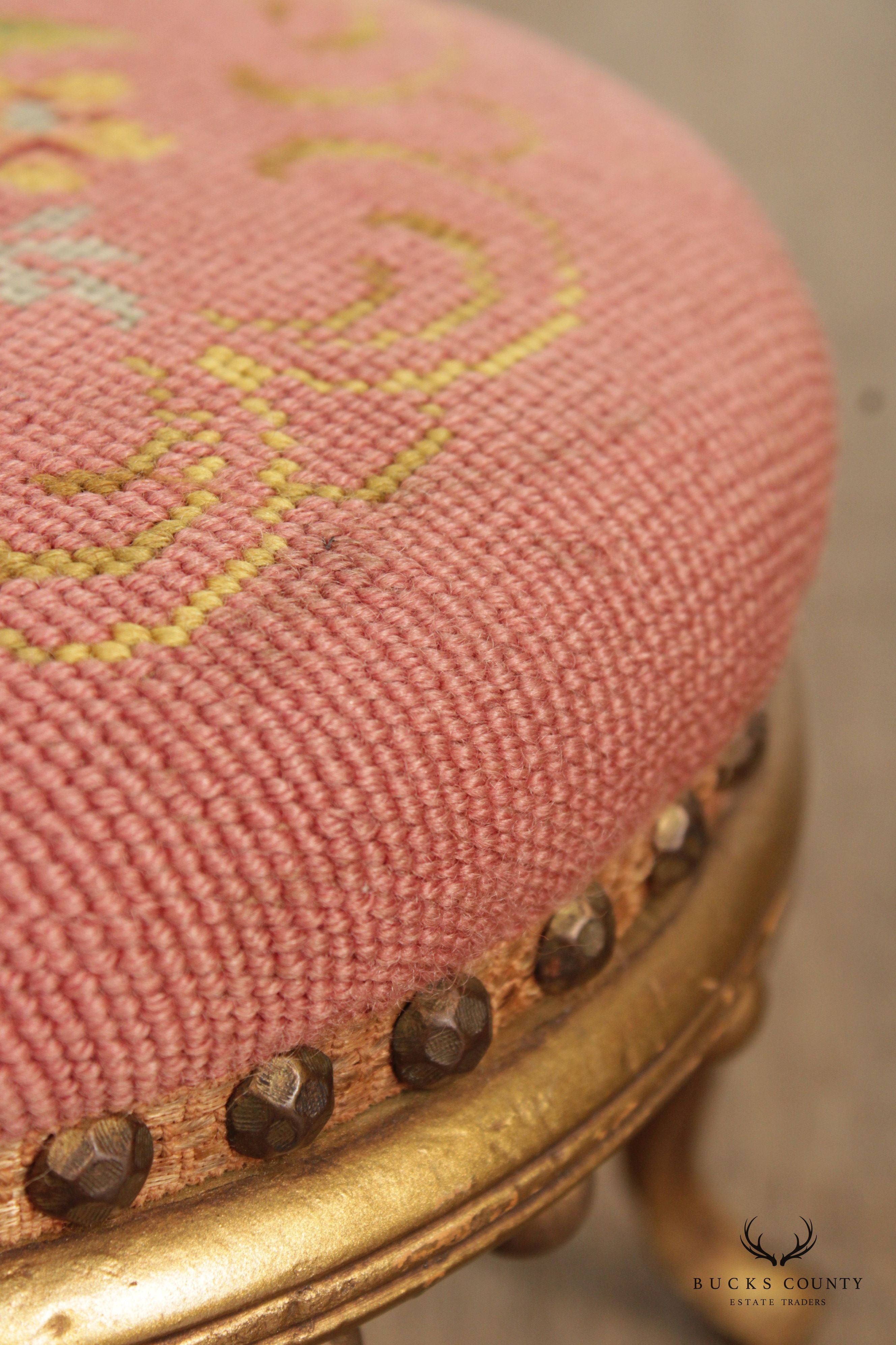 Victorian Style Needlework Gilt Painted Small Round Foot Stool