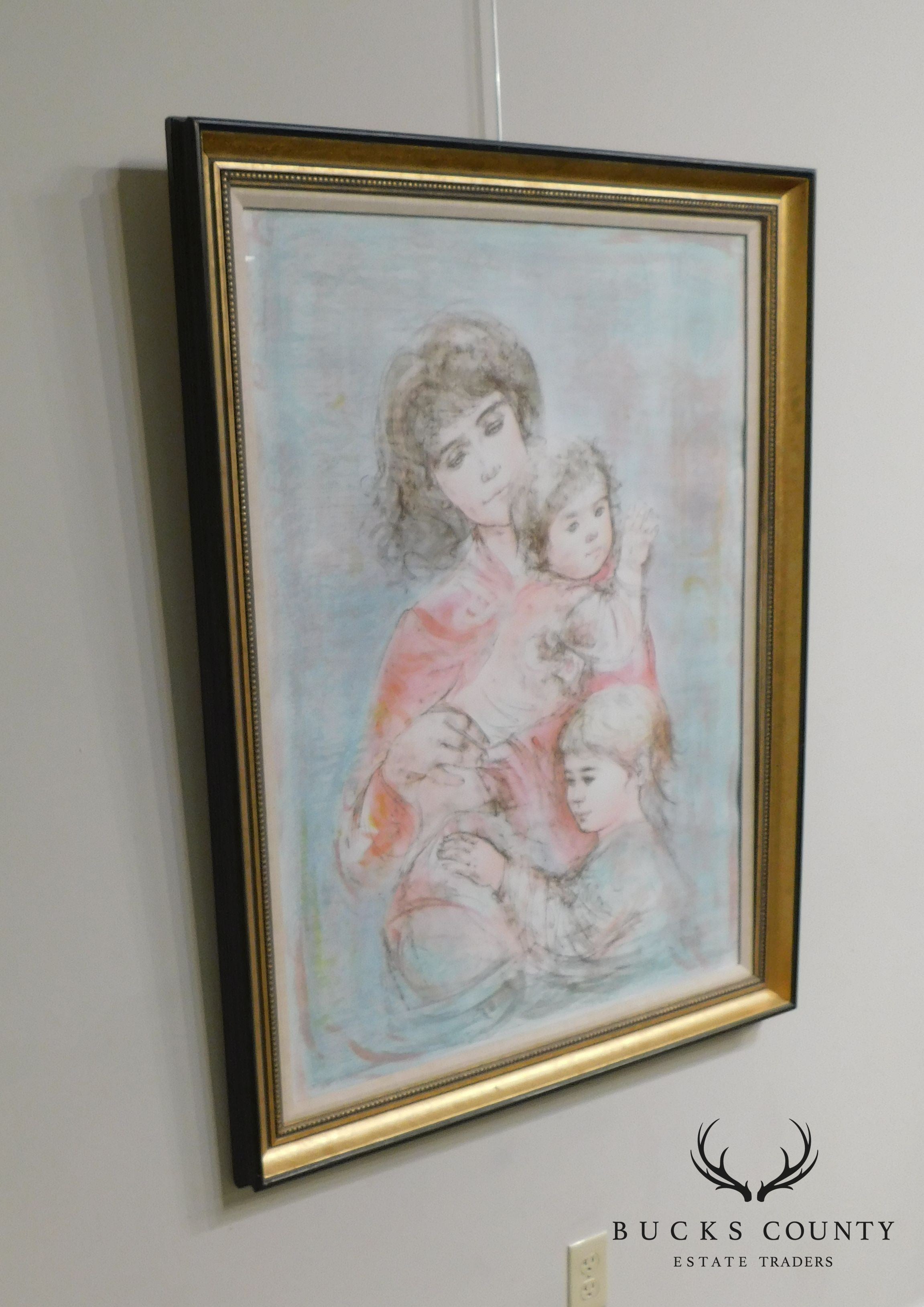 Edna Hibel Signed Framed Limited Edition Color Lithograph "Mother and Two Children" # 155/295