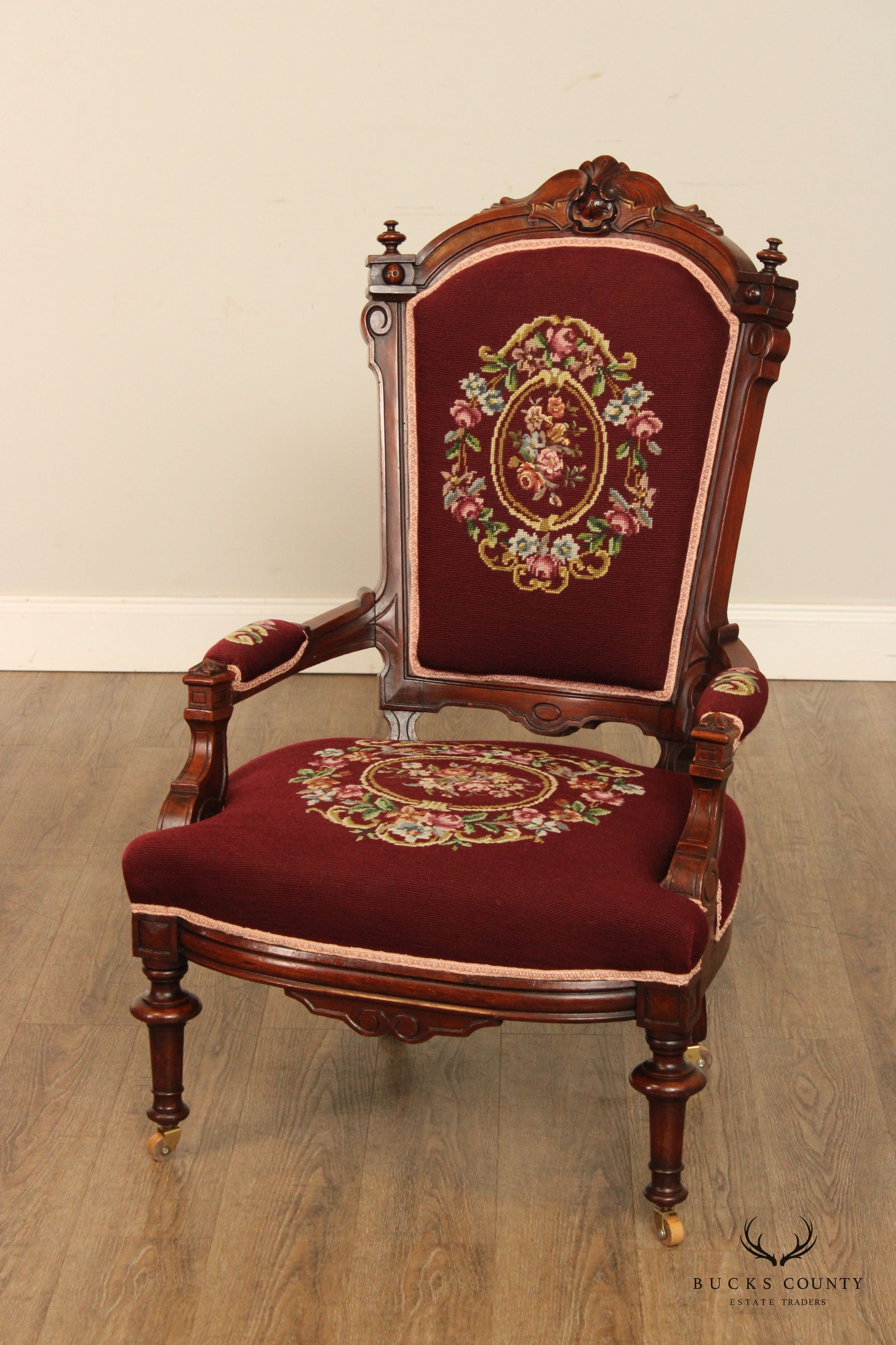 Antique Renaissance Revival Carved Walnut Armchair