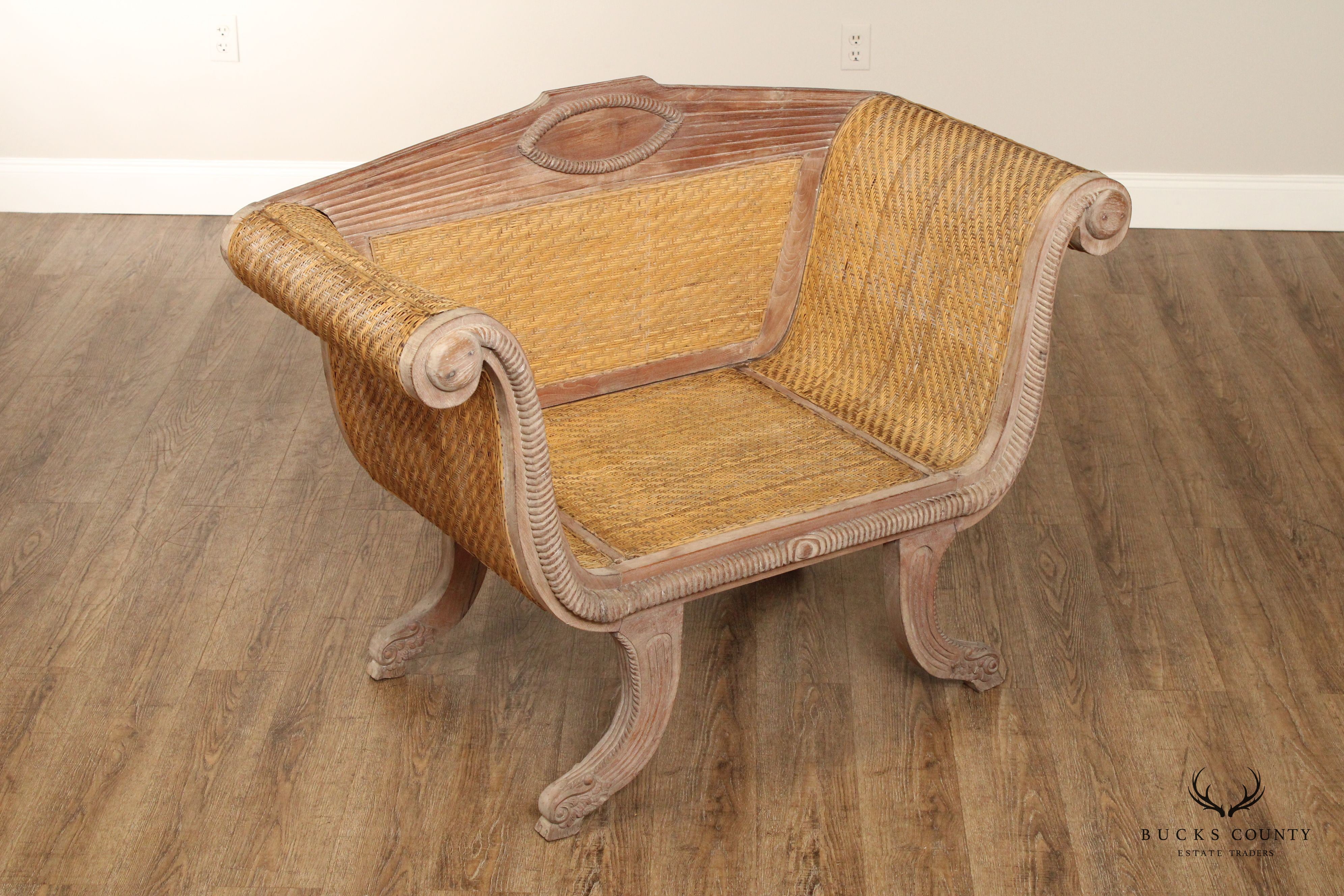 British Colonial Style Teak and Wicker Settee