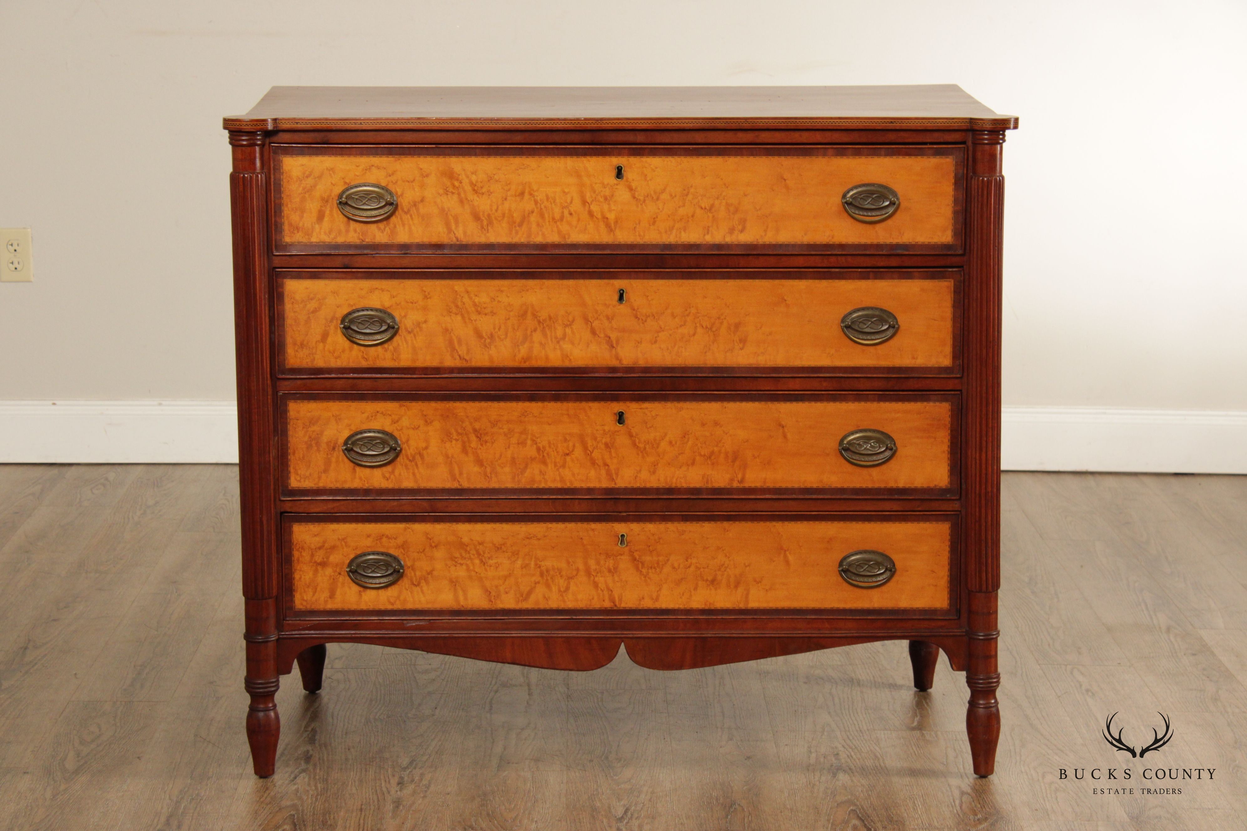 Antique American Sheraton Mahogany and Maple Chest of Drawers