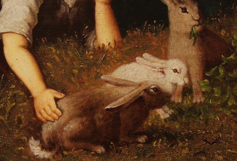 Victorian Style Children with Rabbits Scene Oil Painting Signed 'Holmert'