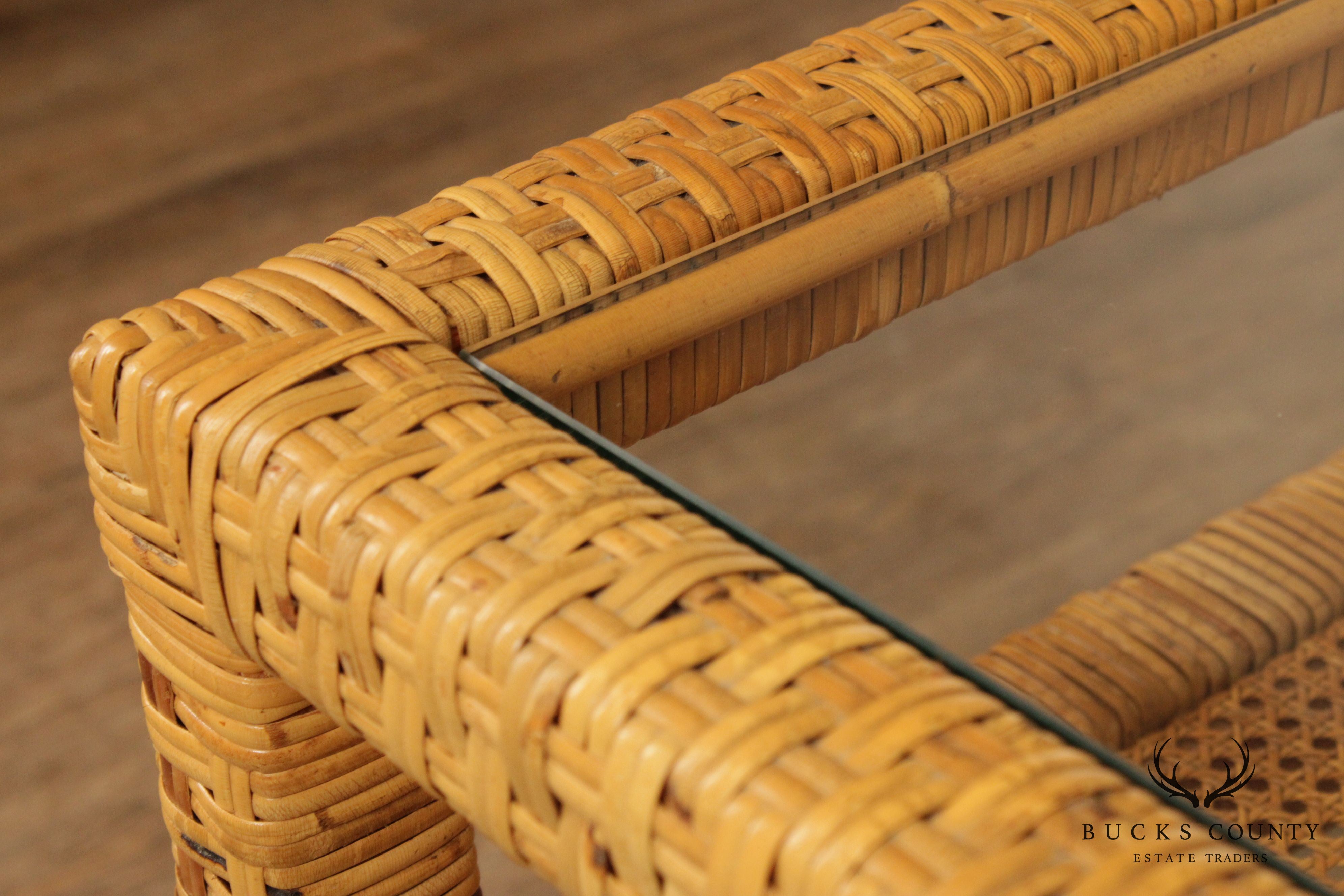 Vintage Wicker Rattan Square End Table with Glass Top