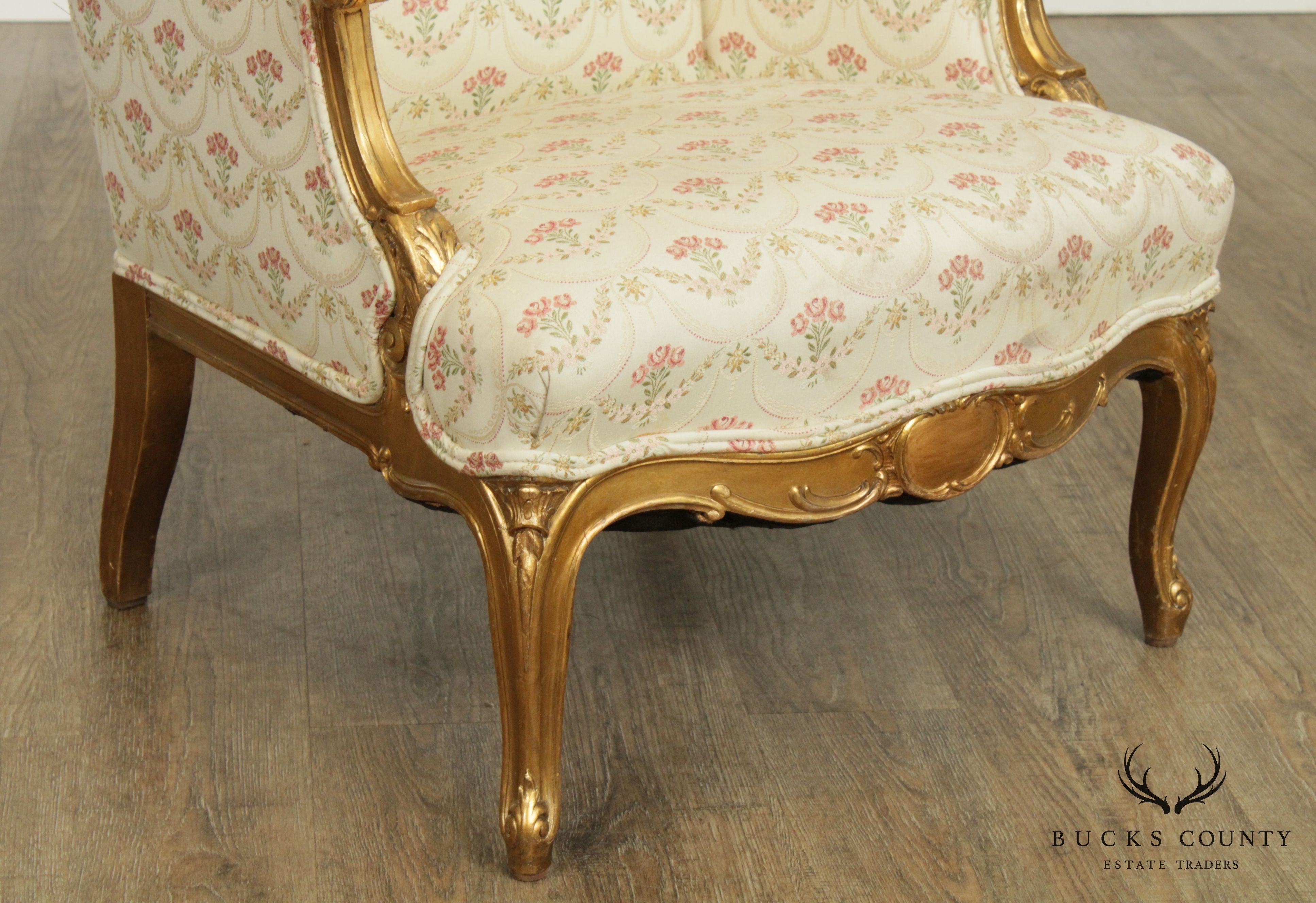 French Louis XV Style Antique Gilt Frame Bergere Chair