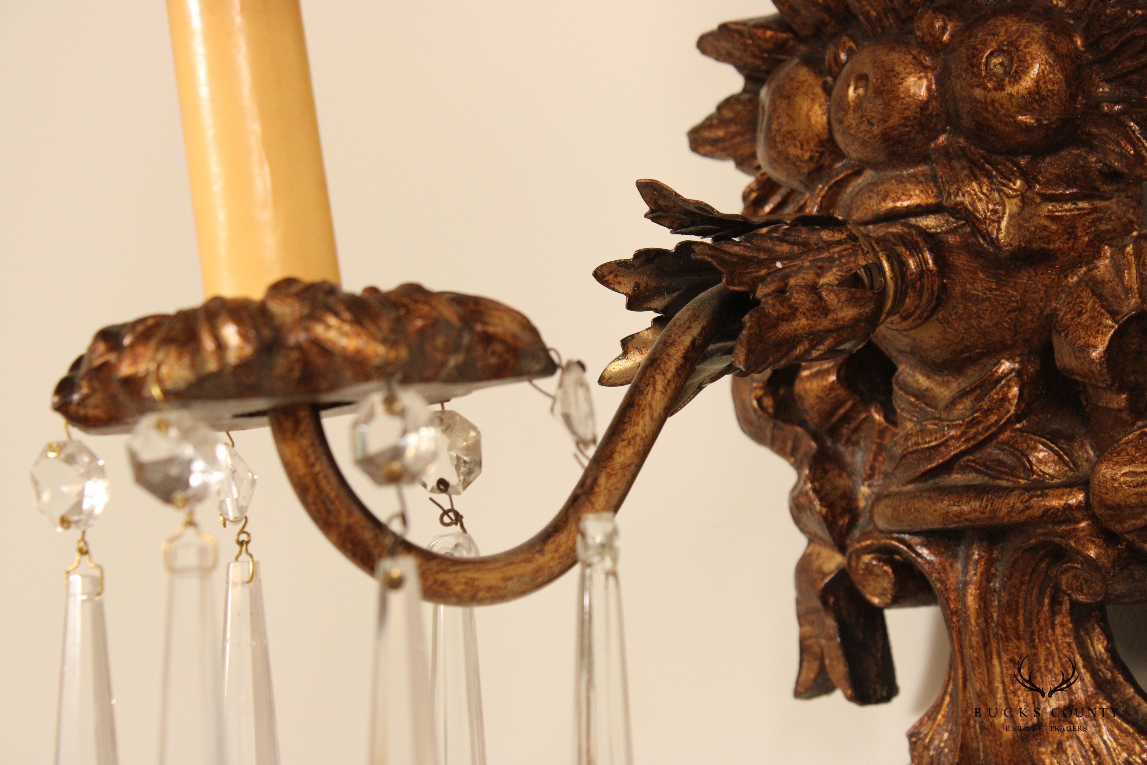 Italian Renaissance Style Pair of Carved Wall Sconces With Prisms