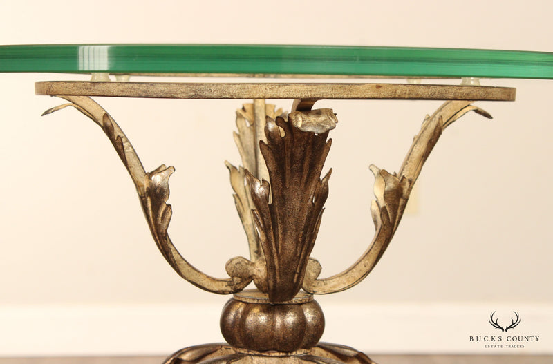 Italian Florentine Style Glass Top Scrolled Iron Base Side Table