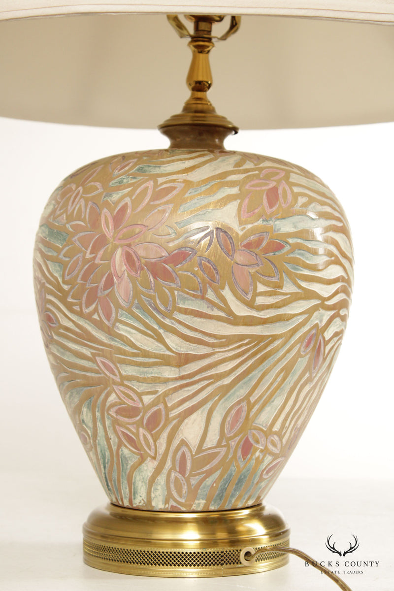 Relief-Decorated Vintage Ceramic Ginger Jar Table Lamp