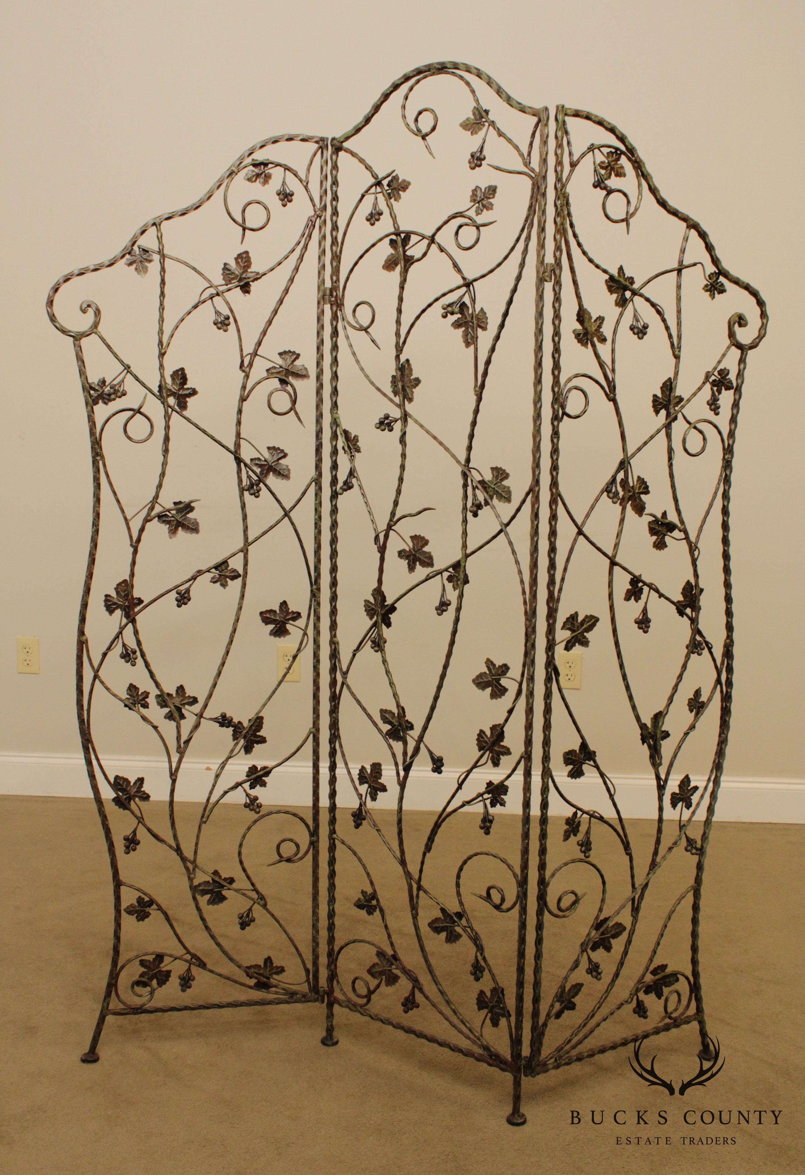 Quality Wrought Iron 3 Panel Leaf & Berries Room Divider Folding Screen